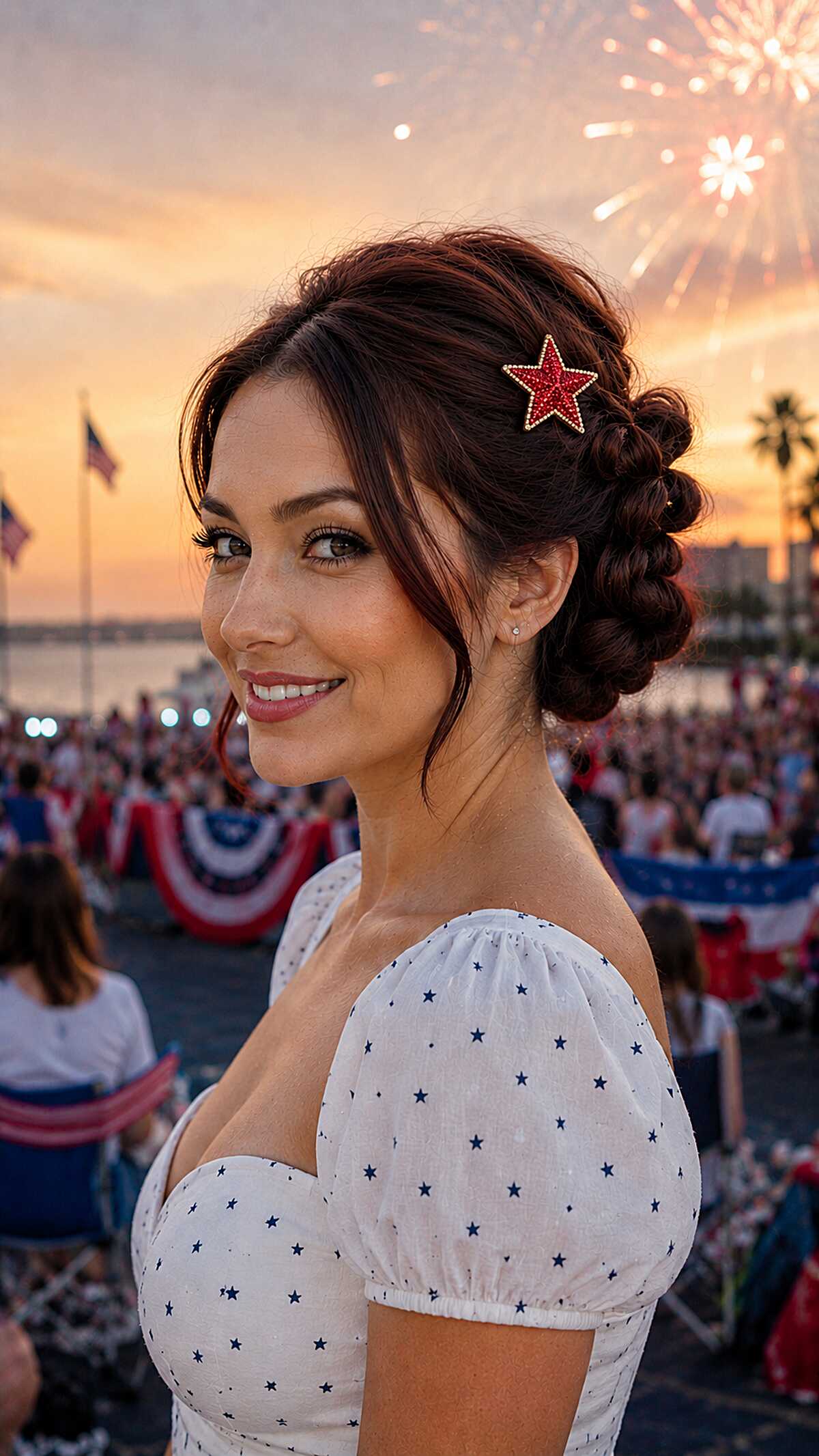 Elegant braided low bun with red glitter star hair clip