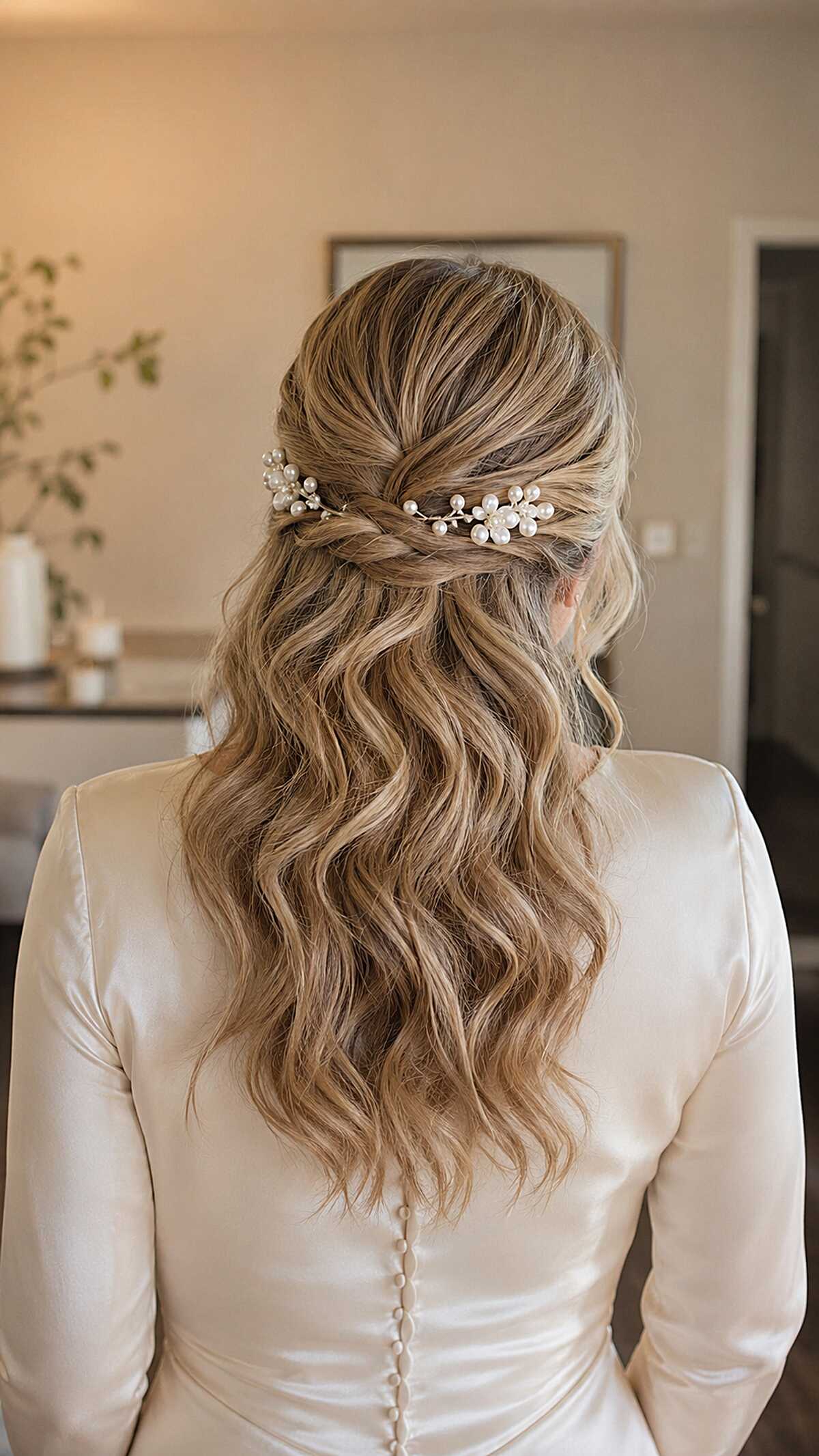 Bronde Textured Waves with Pearl Cluster Twist-Back
