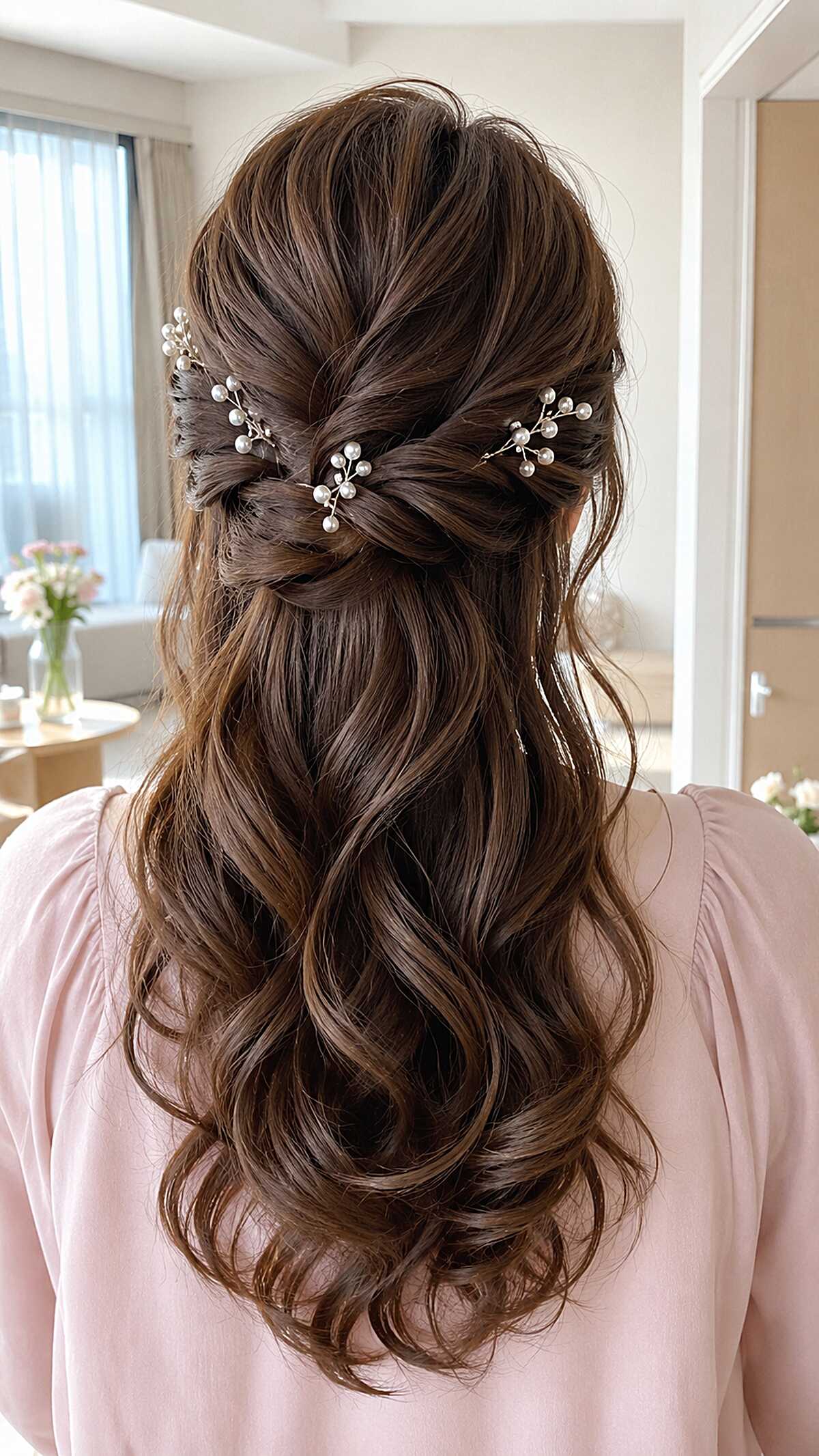 Brunette Criss-Cross Twists with Pearl Bud Pins on Soft Barrel Curls