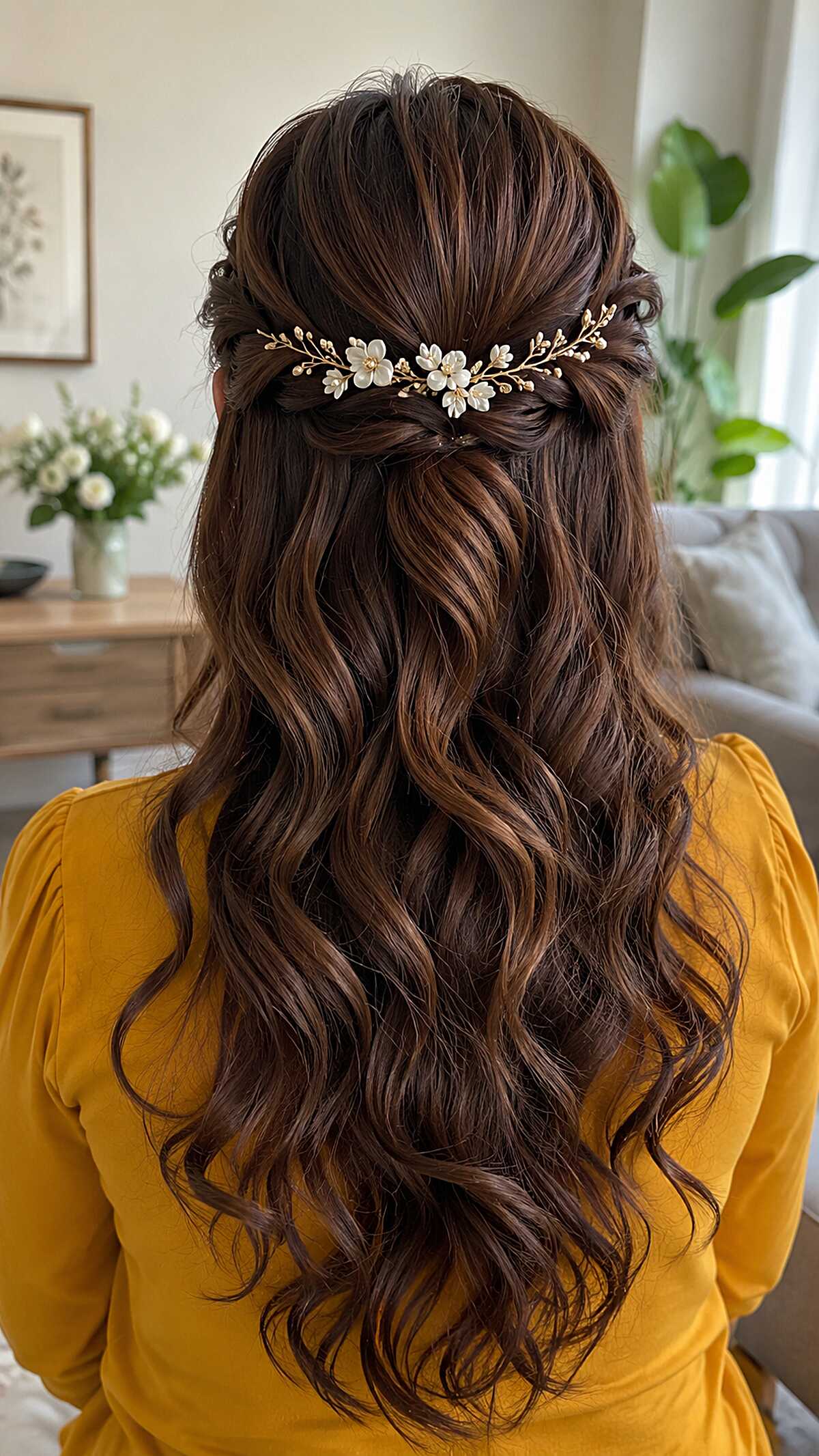 Brunette Loose Waves with Gold Floral Vine Pull-Back