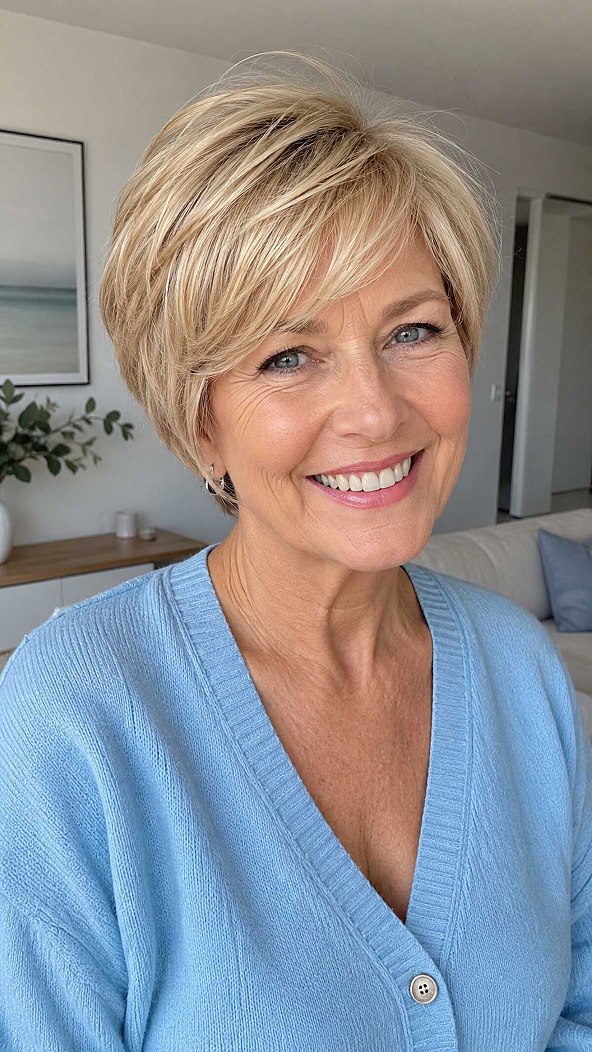 Buttery blonde bixie with smooth side-swept layers