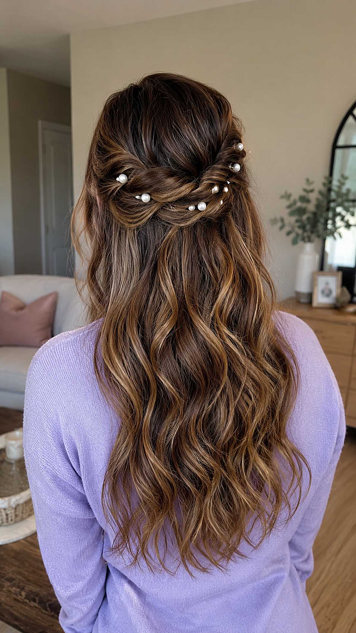 Caramel-Kissed Brunette Twists with Scattered Pearl Pins