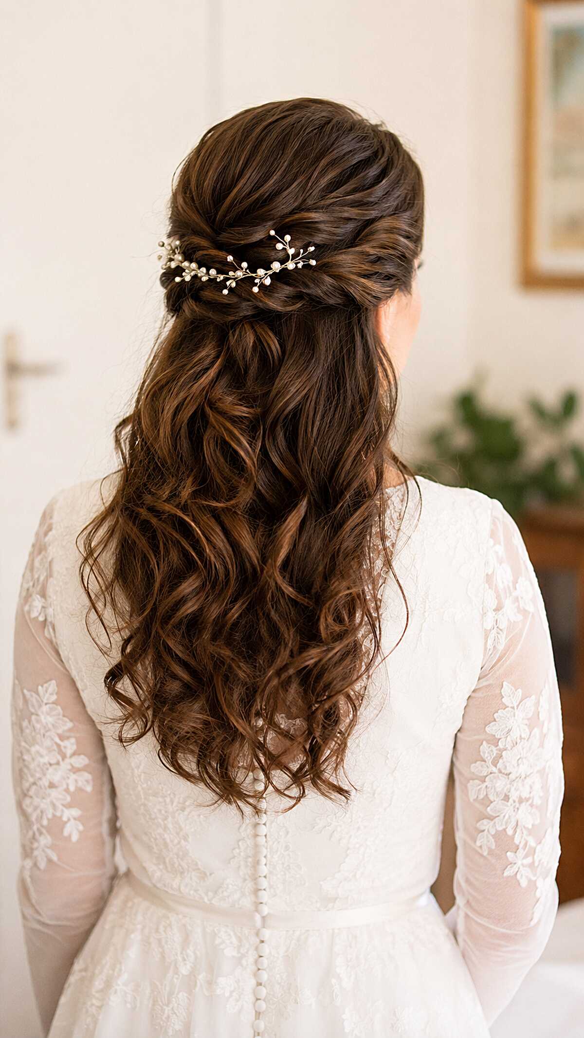 Chestnut Twisted Half-Up with Pearl Branch Detail