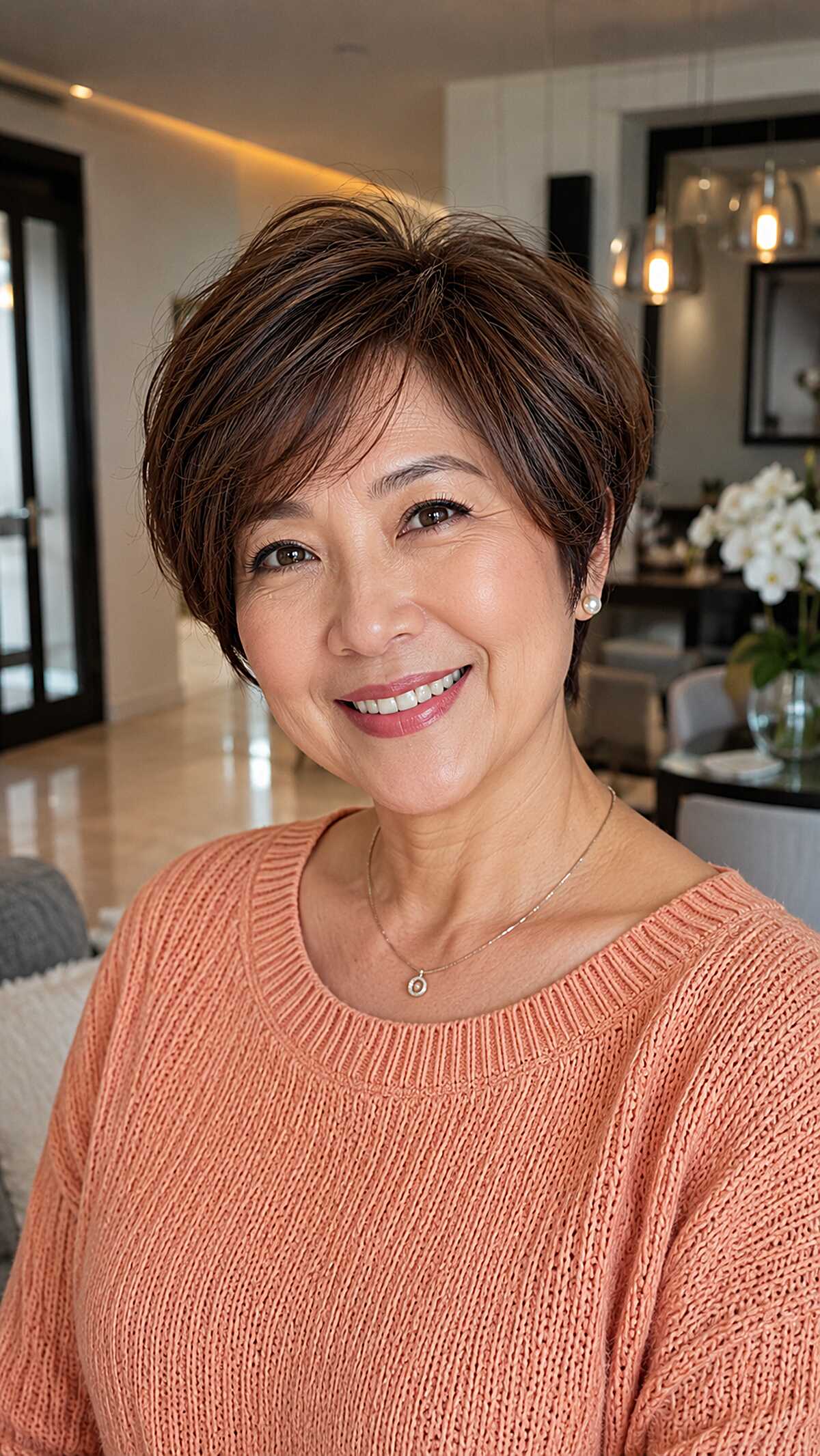 Chocolate brown bixie with layered side fringe