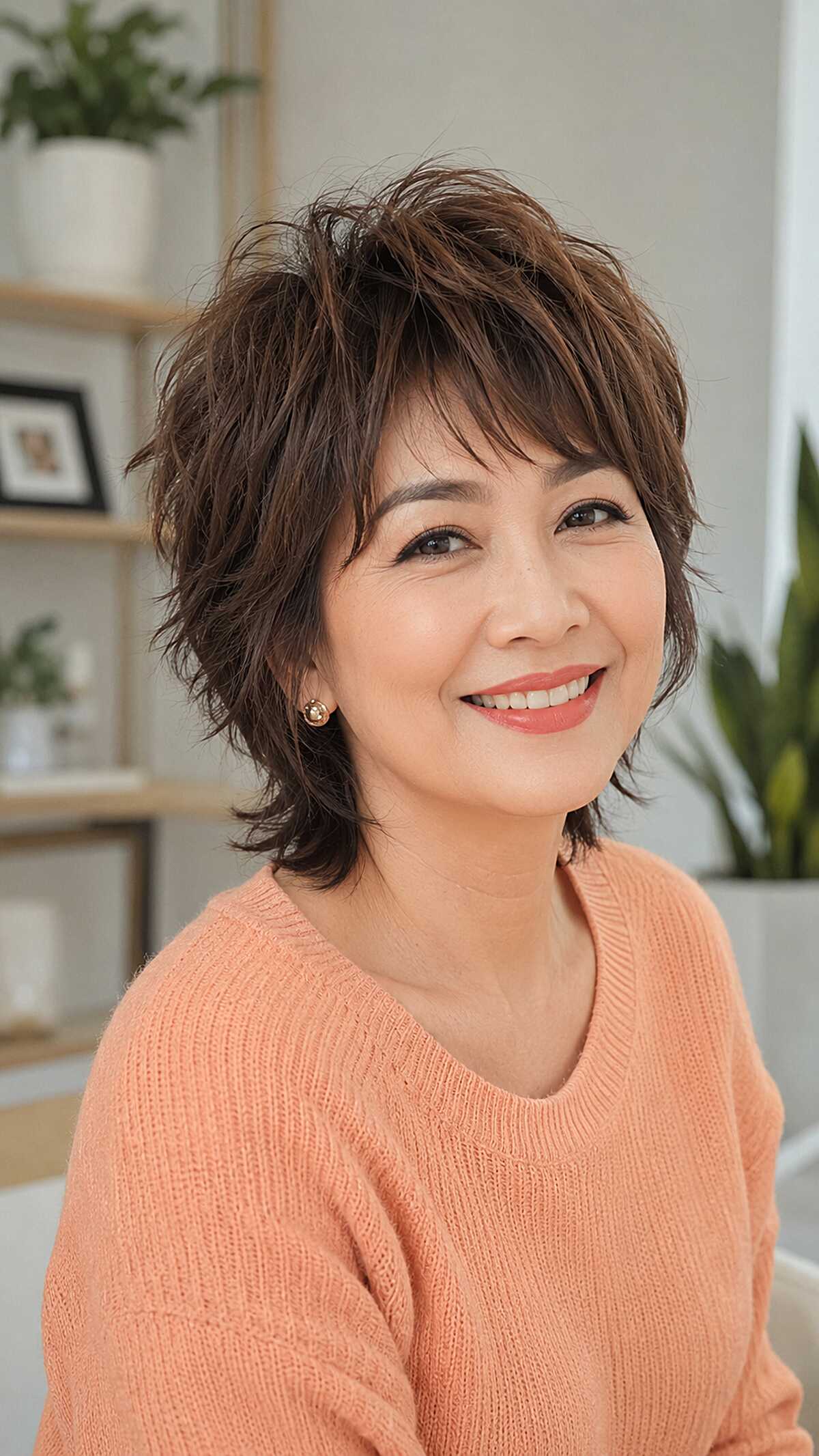 Chocolate brown layered mixie shag with soft movement