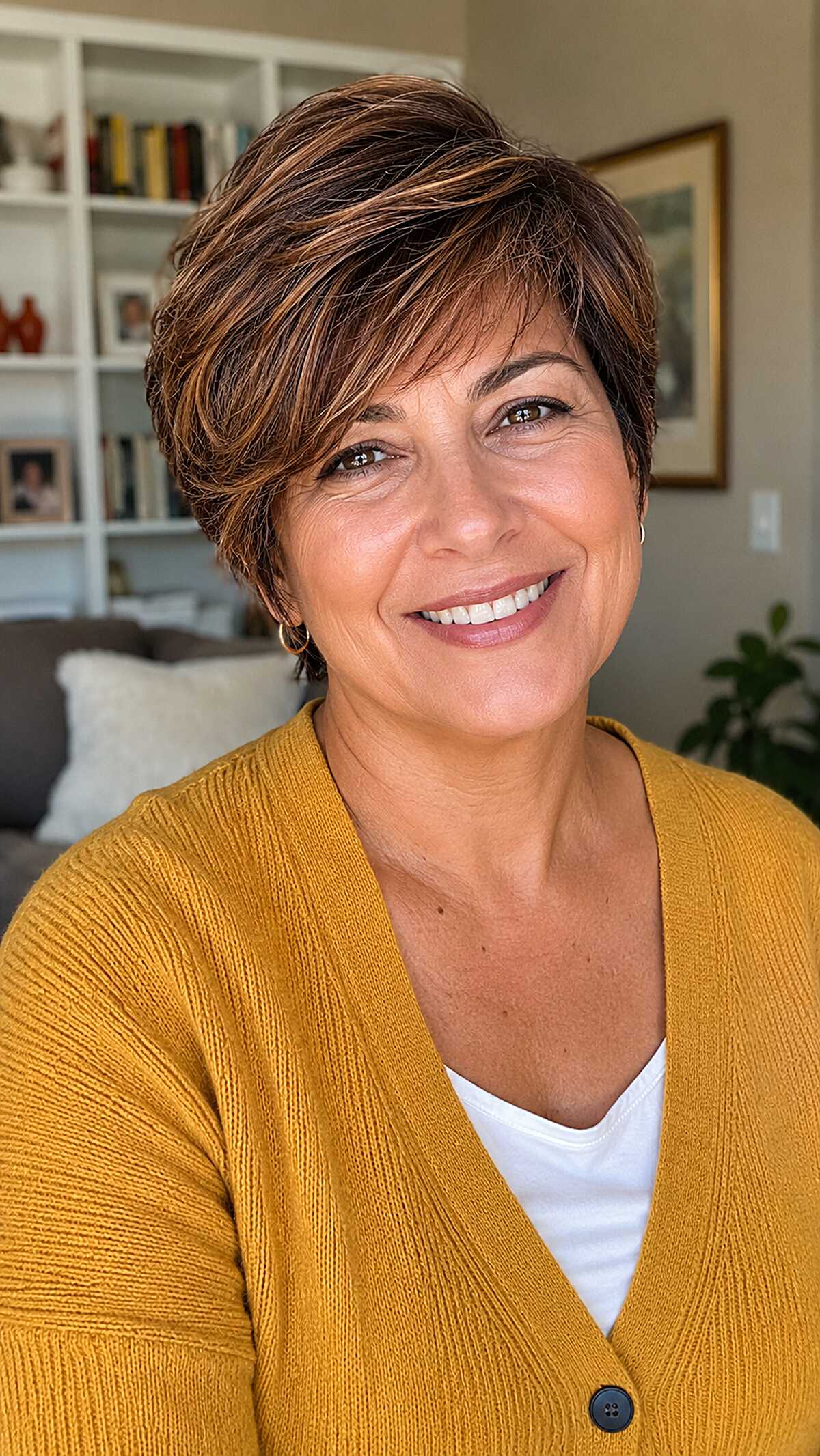 Cinnamon brunette bixie with copper accent highlights