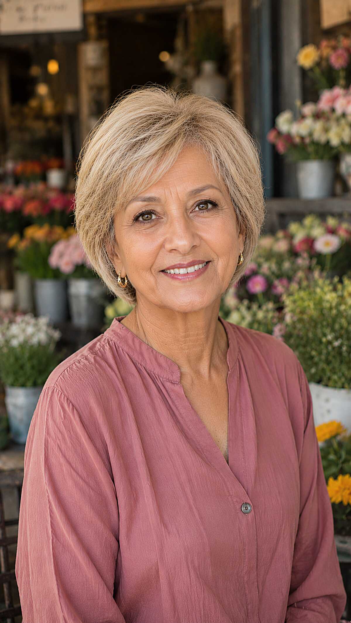 Classic short ash blonde bob with tapered side-swept bangs