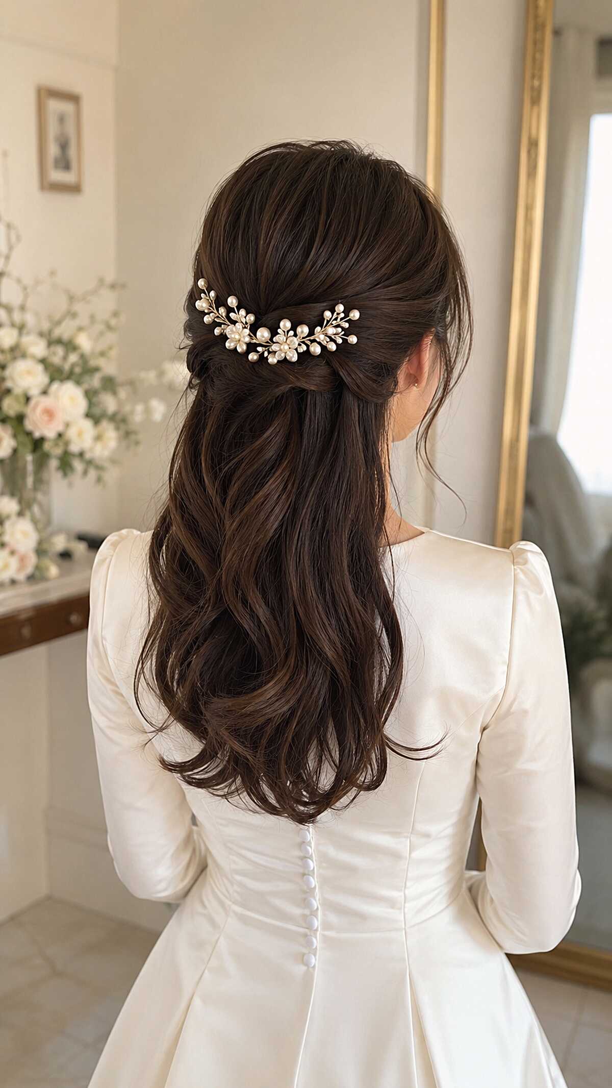 Classic Brunette Pull-Back with Pearl Floral Comb