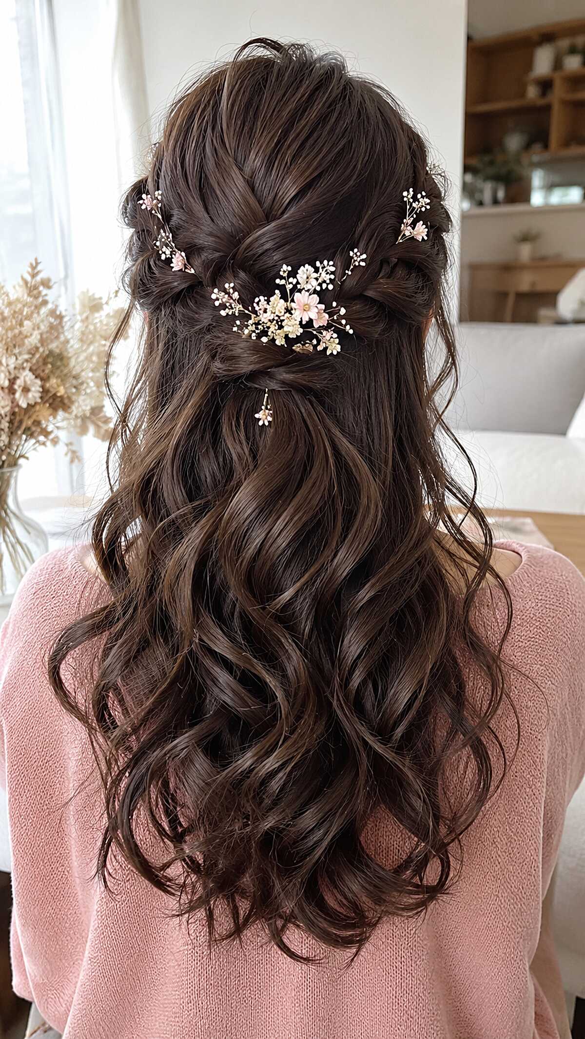 Cool Brunette Twists with Blush Floral Vine on Long Loose Curls