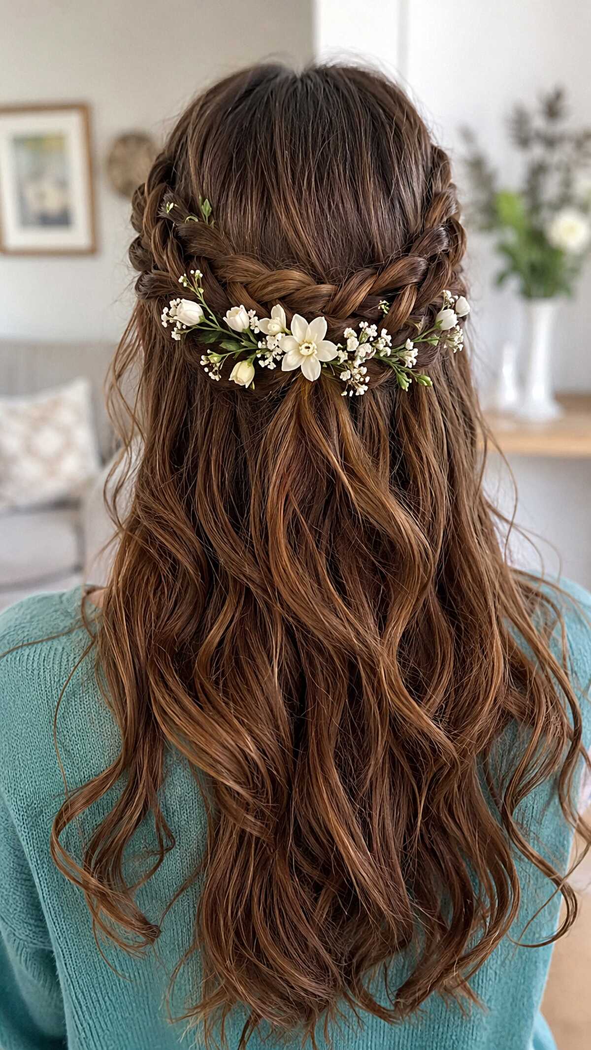 Crossed Braids with Fresh Florals on Warm Brunette Waves