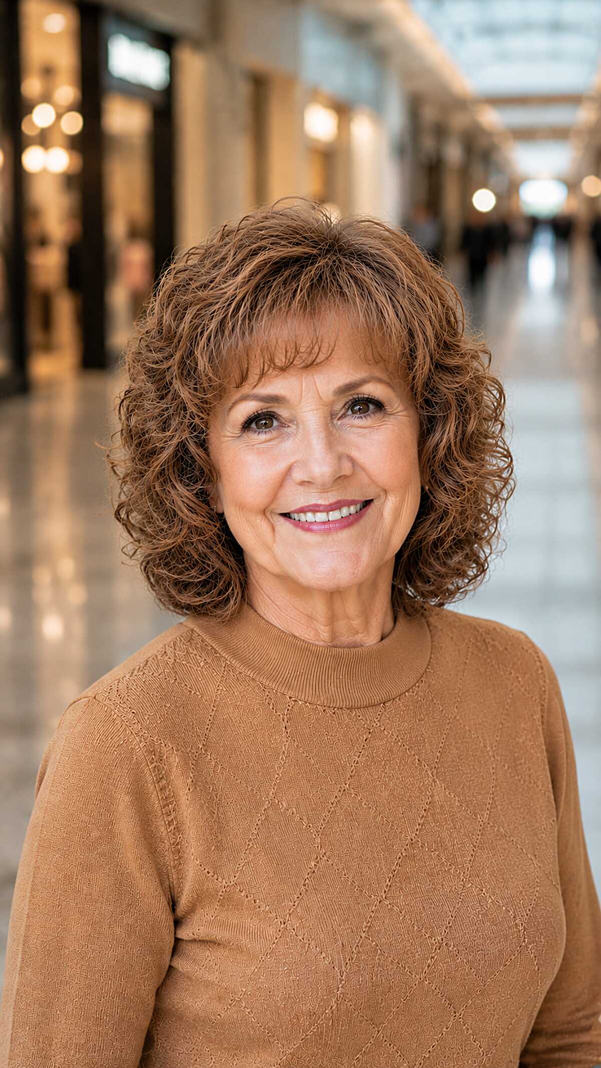 Curly brunette layered bob with soft wispy fringe bangs