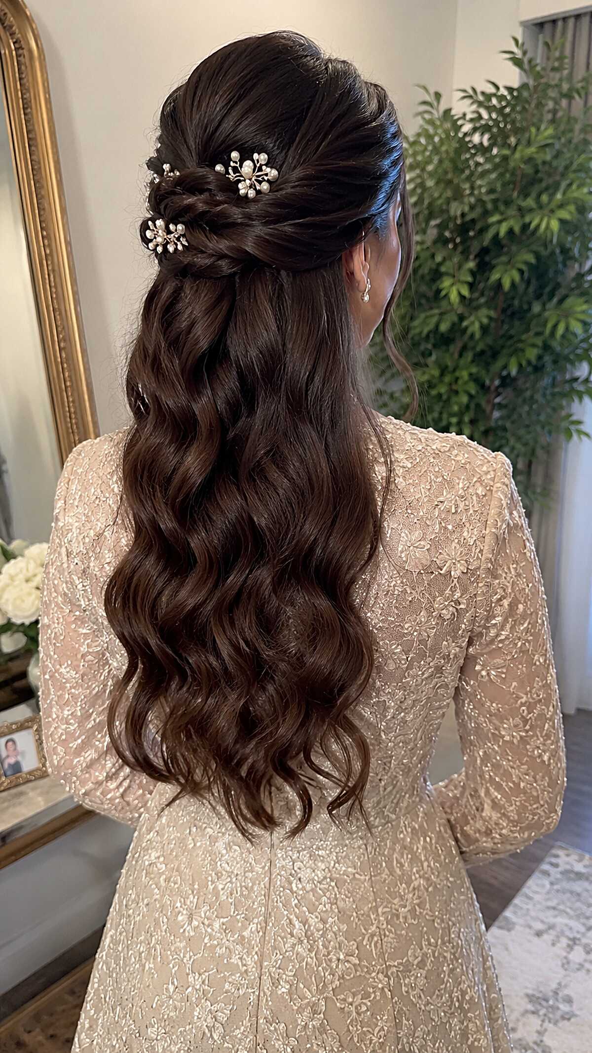 Dark Brunette Ribbon Waves with Pearl Pin Twist-Back