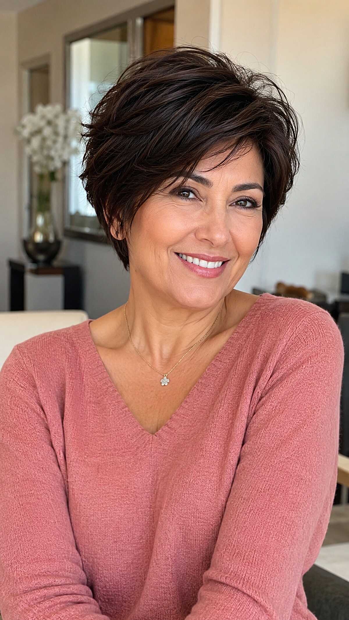 Dark chocolate bixie with swept-back volume