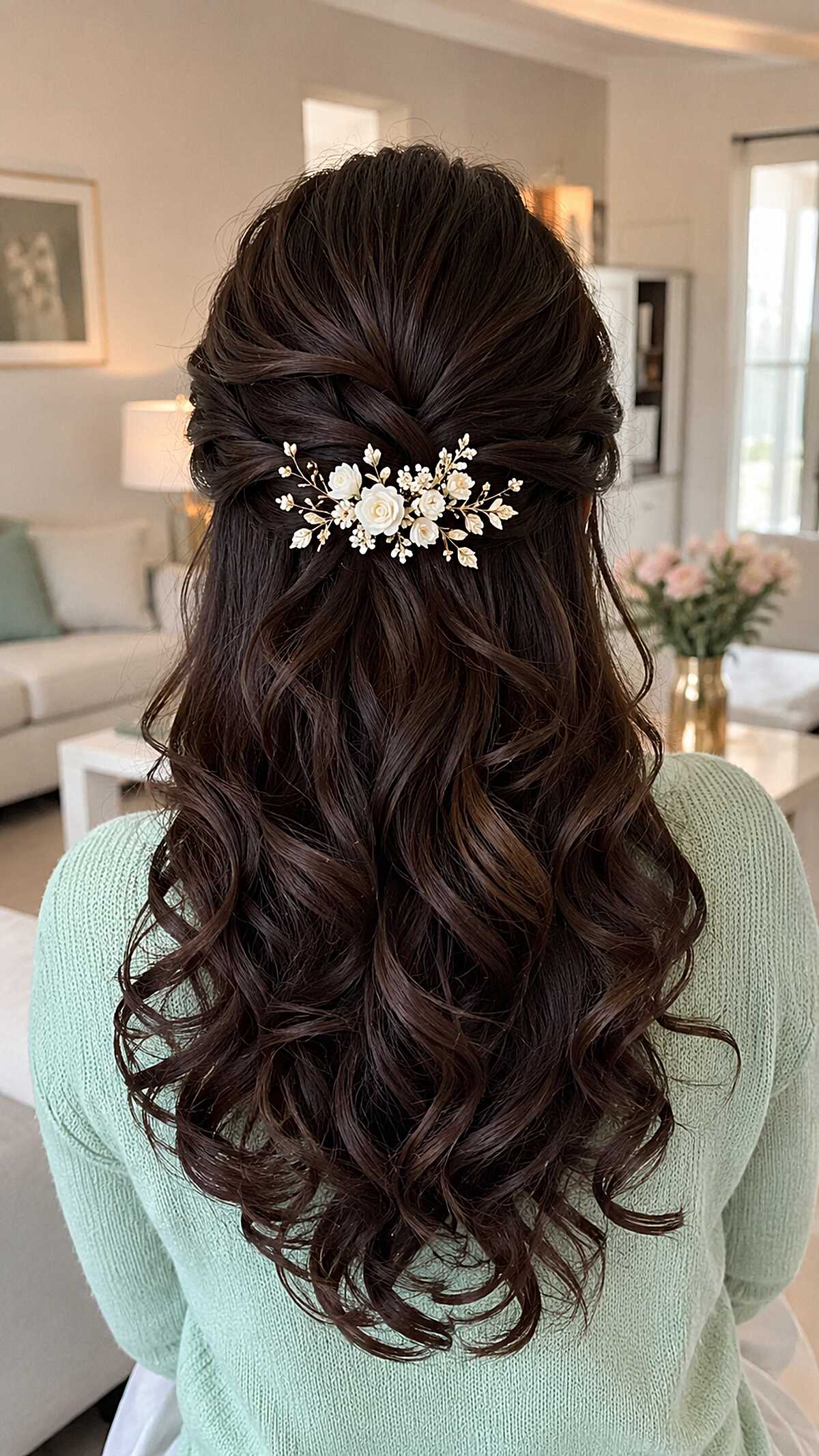 Dark Espresso Curls with White Floral Comb Pull-Back