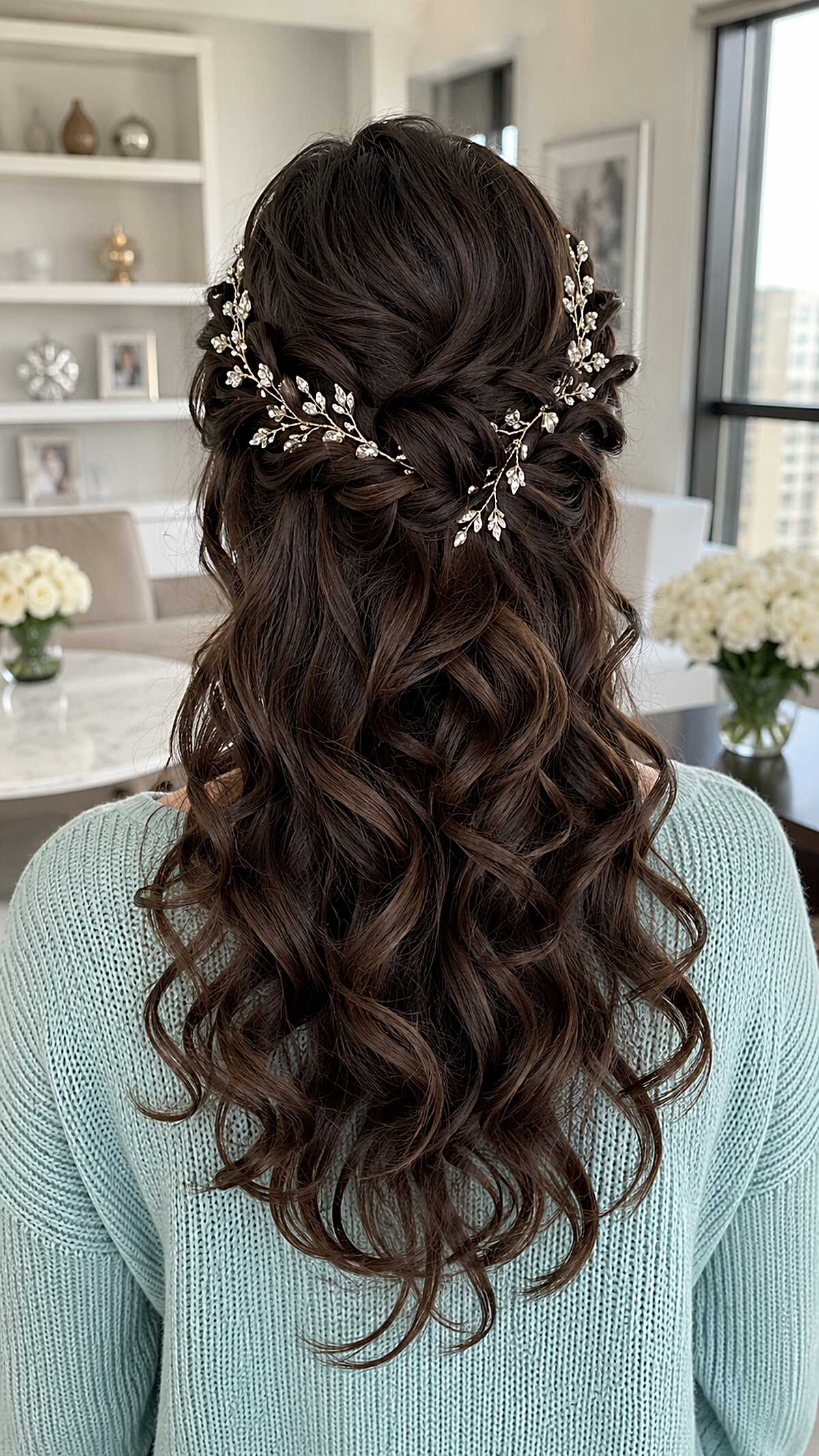 Deep Brunette Curls with Crystal Vine Detail