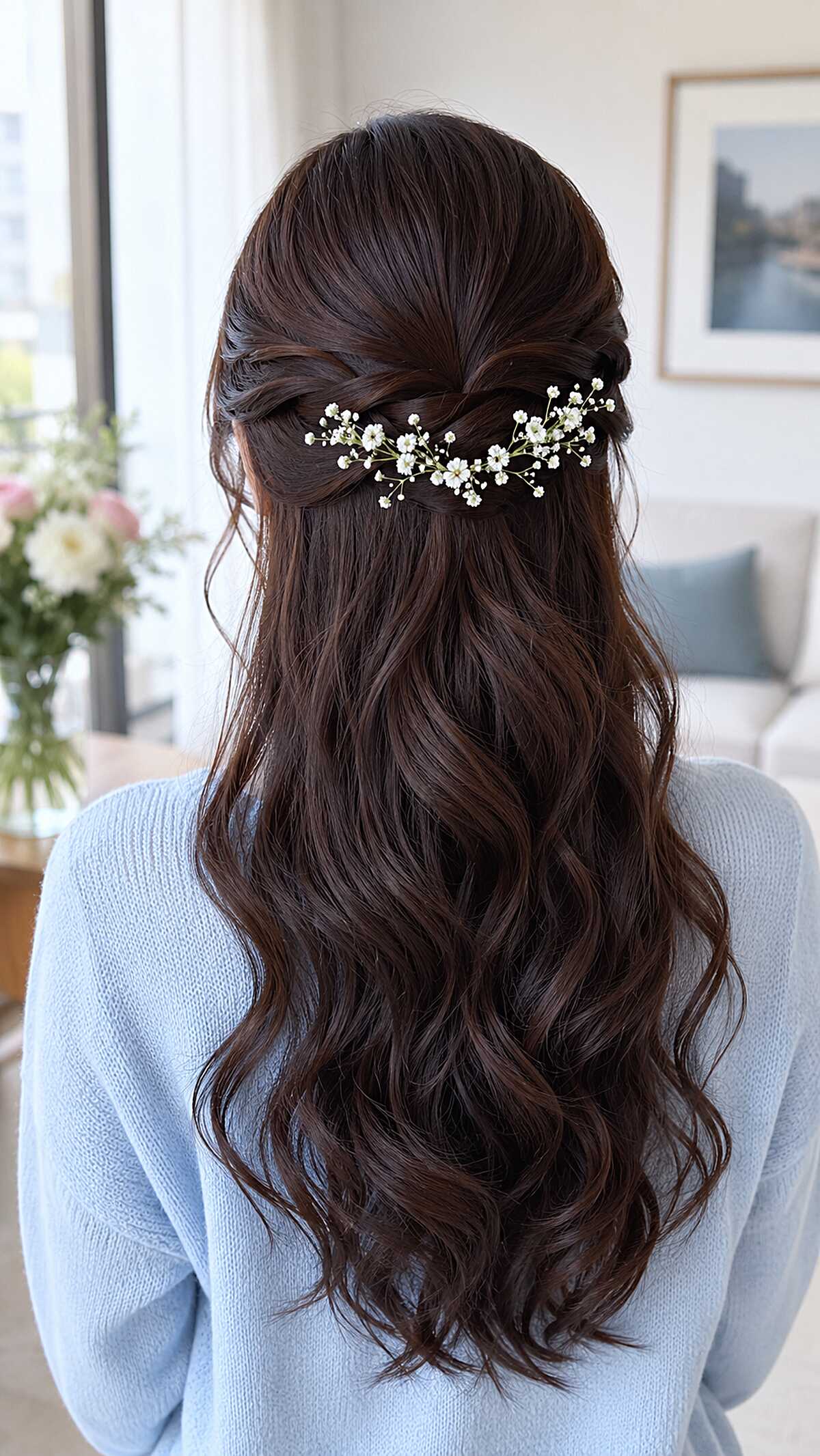 Deep Brunette Twists with Baby's Breath on Soft Waves