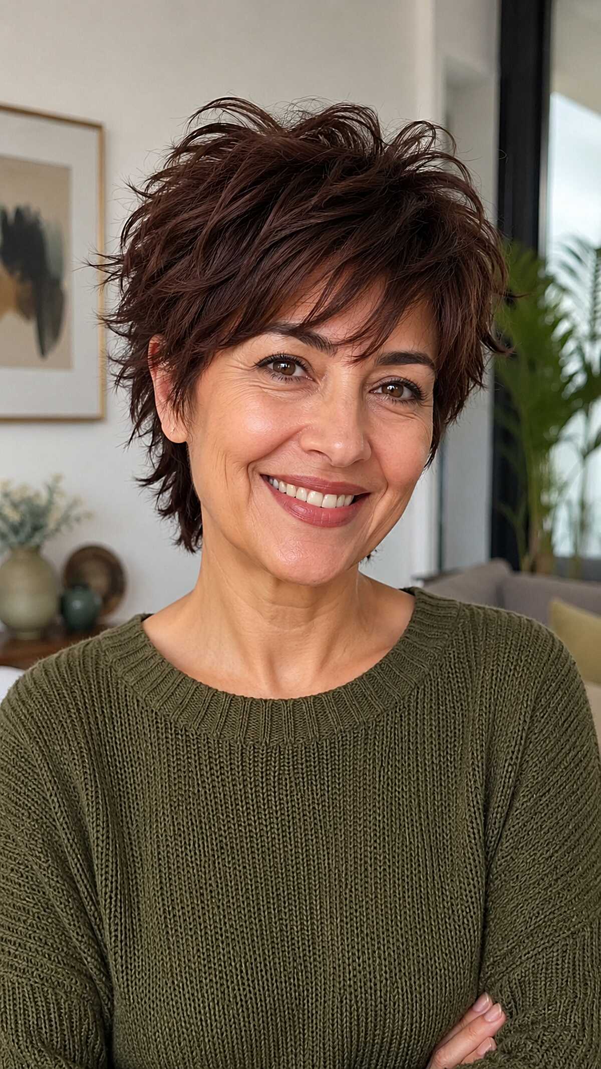 Deep mahogany choppy mixie shag with bangs