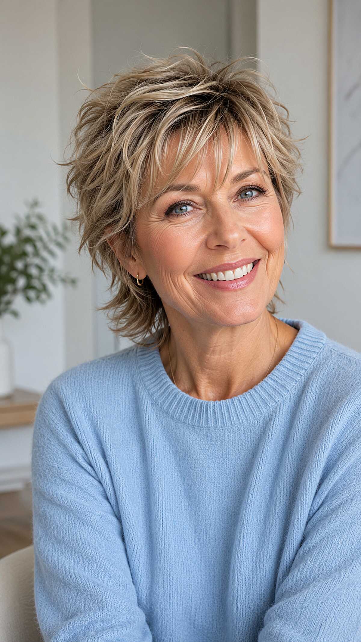Dimensional ash blonde wavy mixie shag over 50