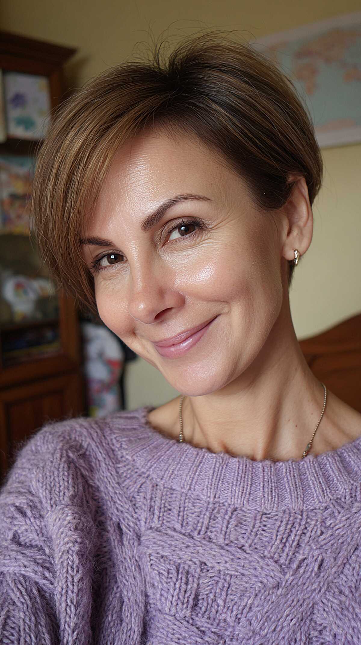 Effortless Light Brunette Pixie with Tapered Sides