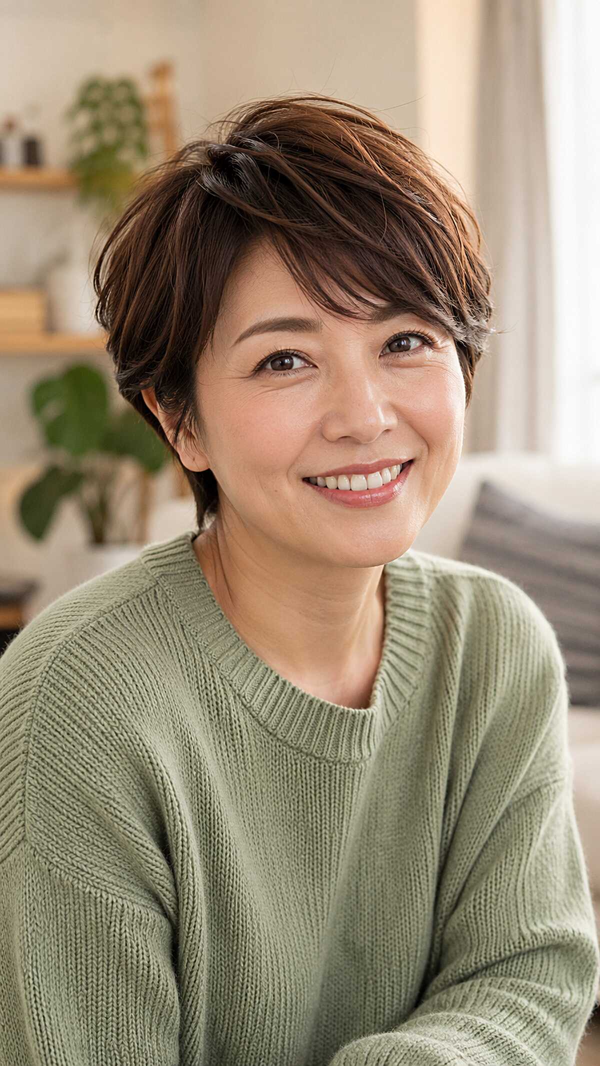 Feathered Brunette Pixie with Soft Volume on Woman Over 40