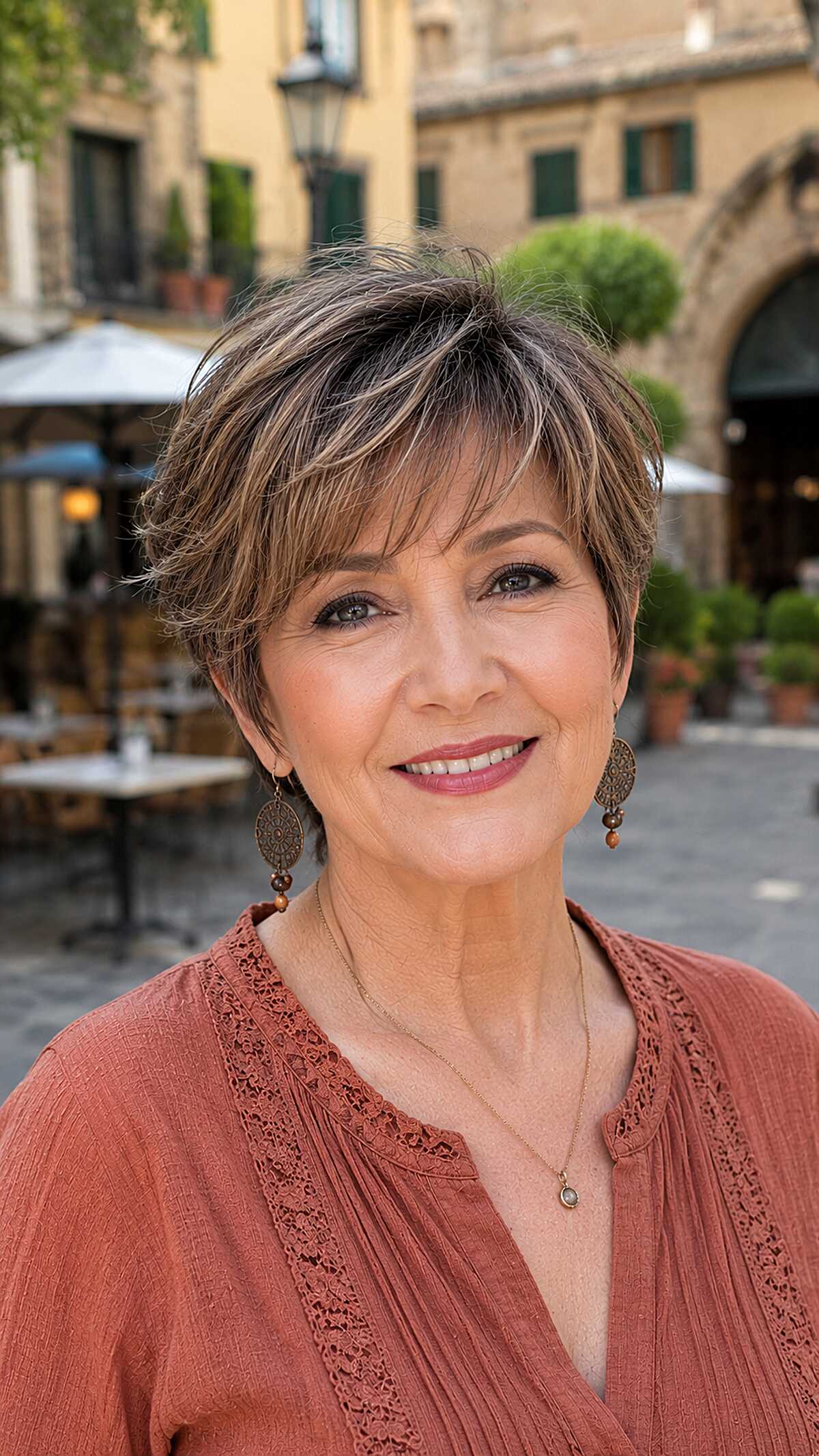 Short feathered pixie with brown and blonde highlights