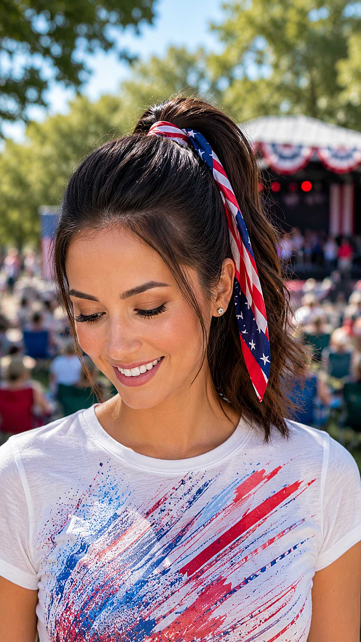 Dark hair high ponytail with American flag scarf wrap
