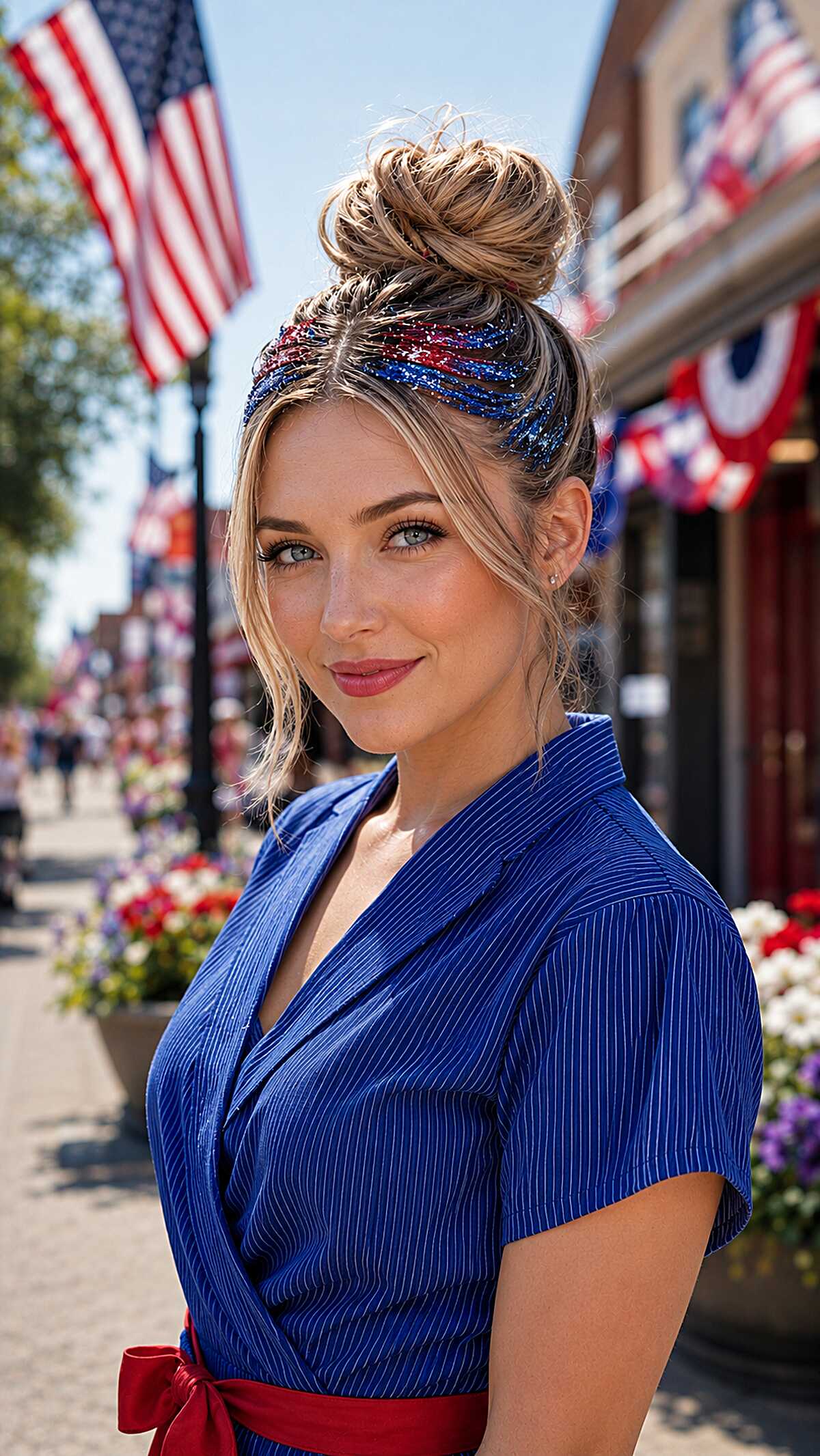High messy bun with red white blue glitter wrap at base