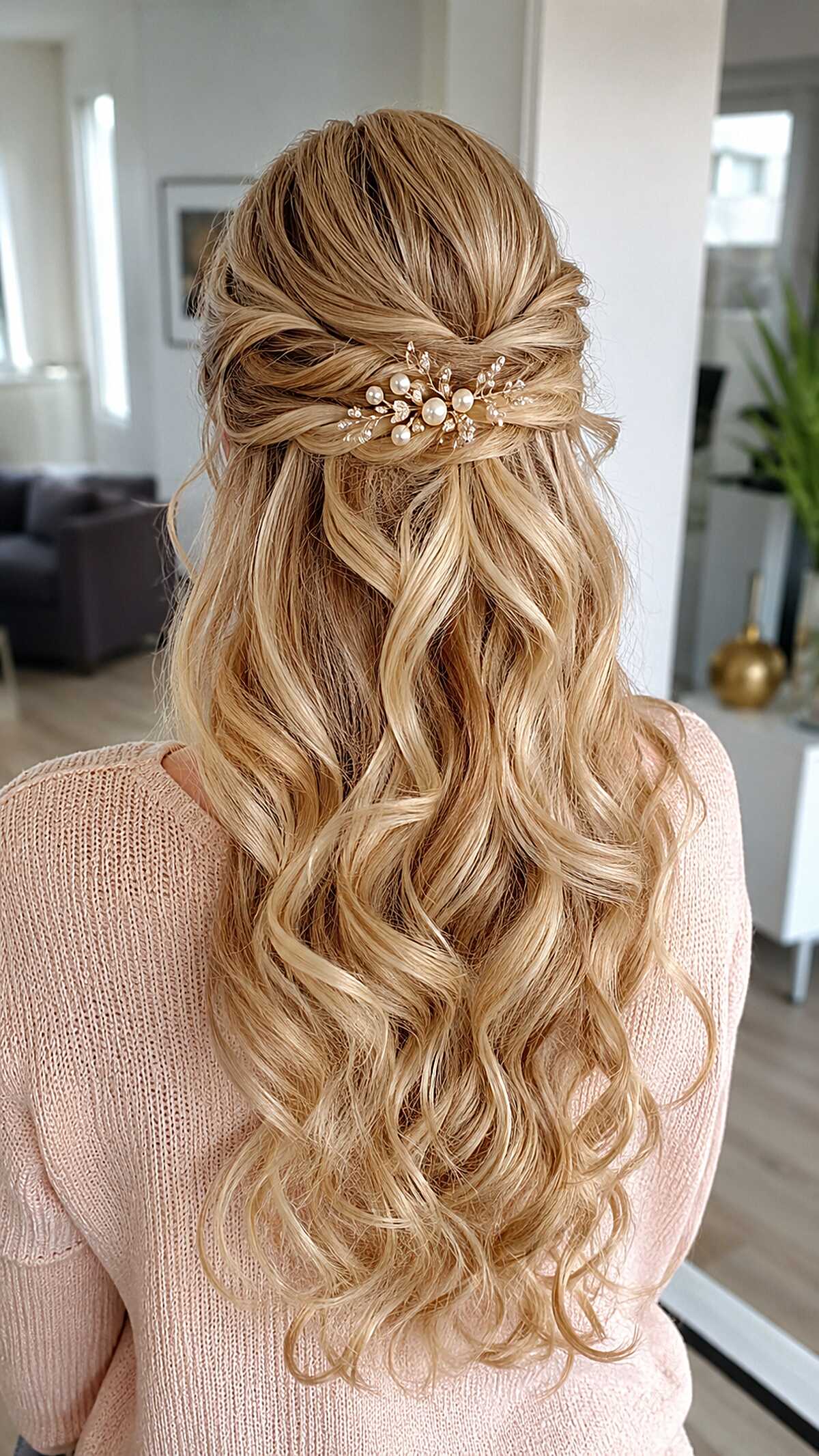 Golden Blonde Barrel Curls with Pearl Comb Pull-Back