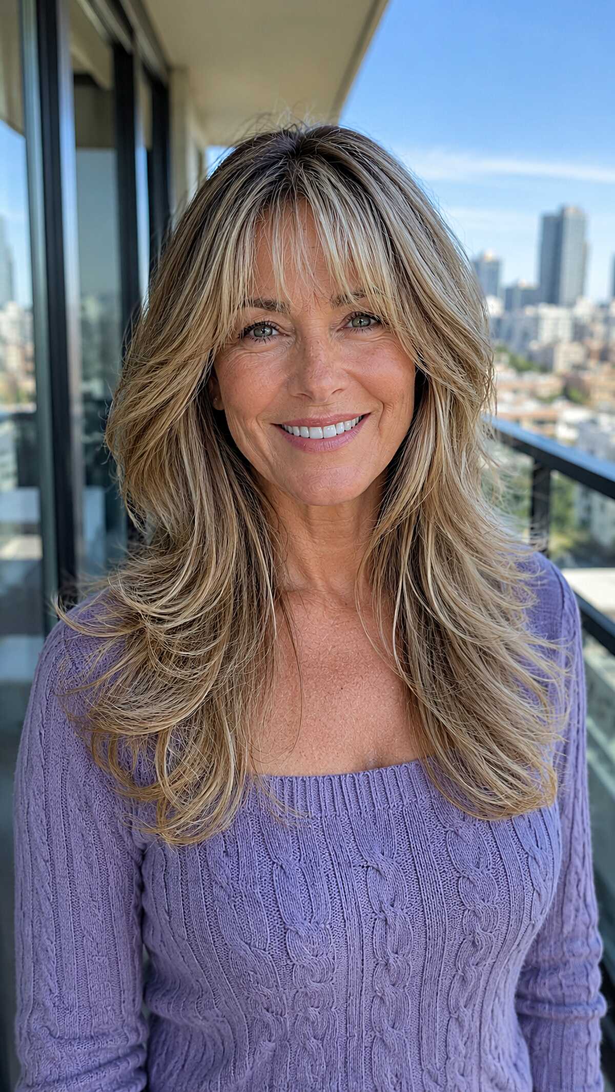 Long golden blonde layers with feathered curtain bangs