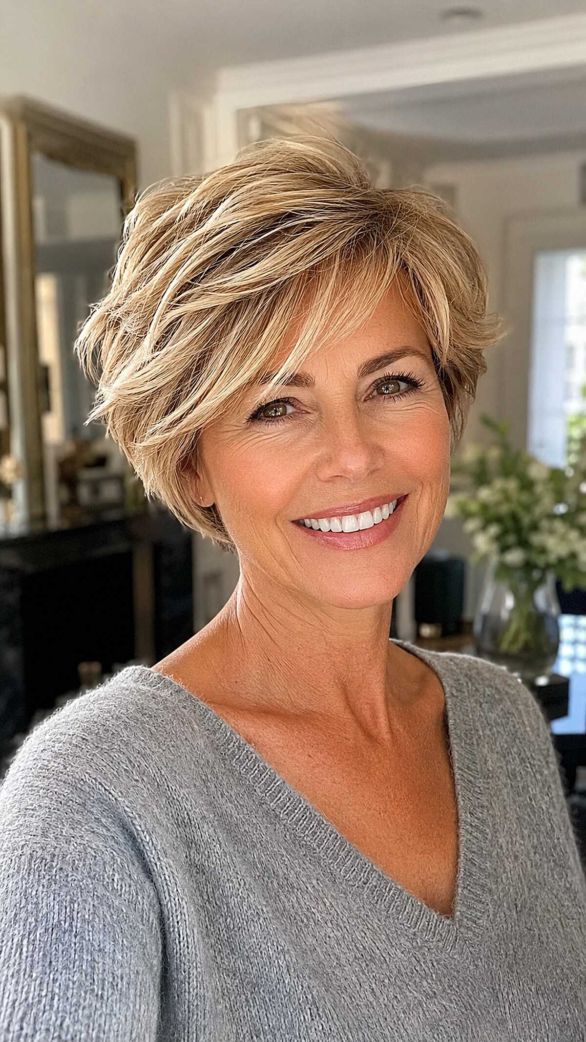 Golden blonde feathered bixie with tapered nape