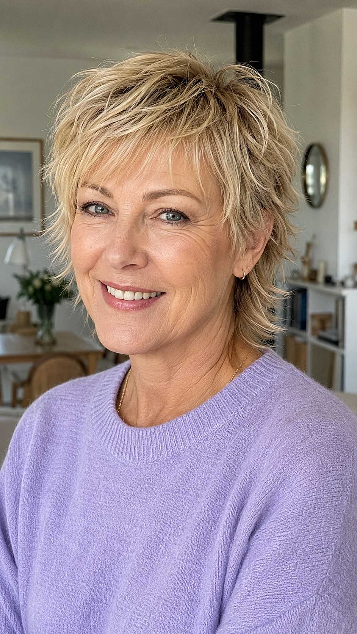 Golden blonde feathered mixie shag with side sweep