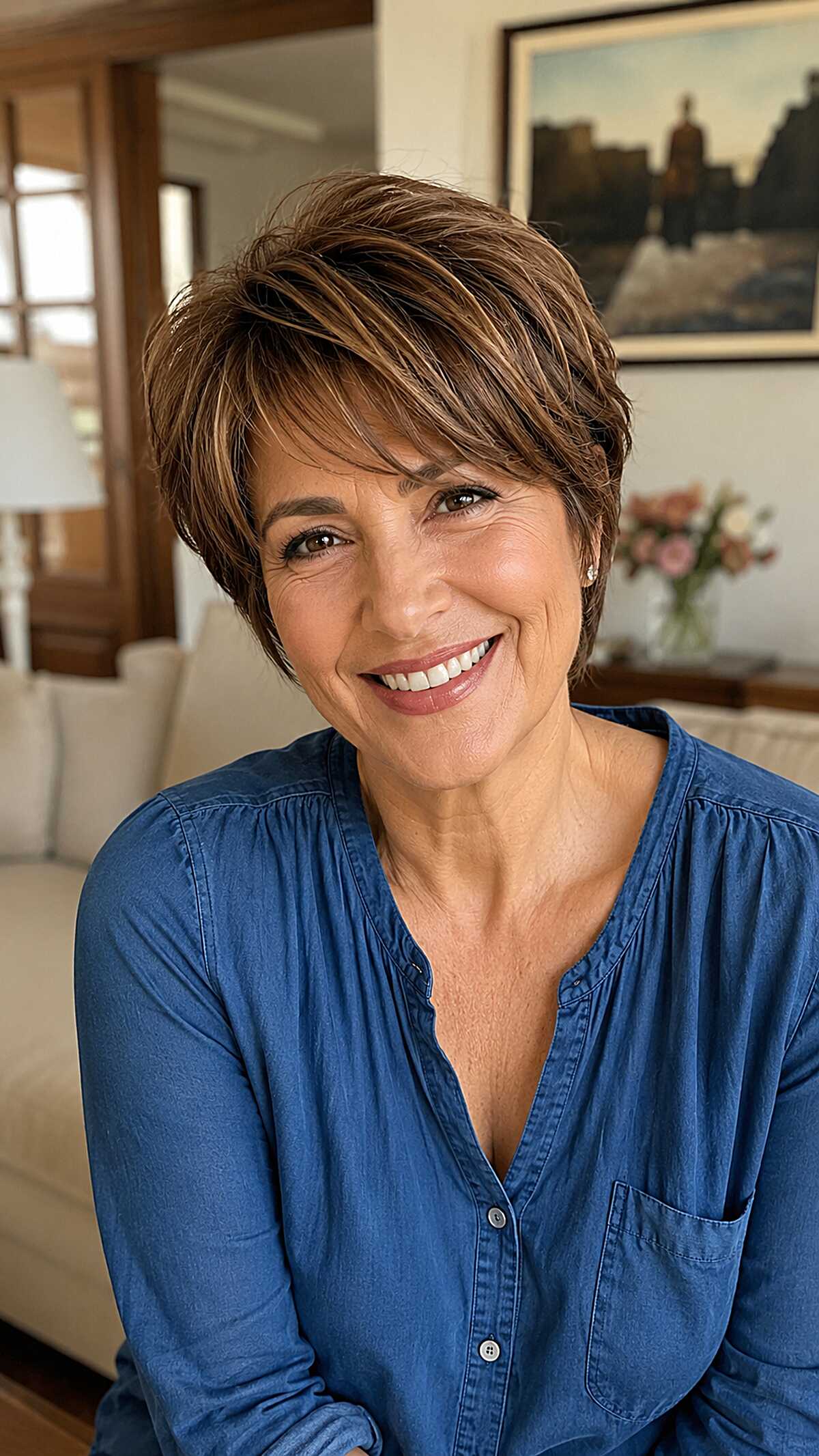 Highlighted brunette bixie with windswept styling