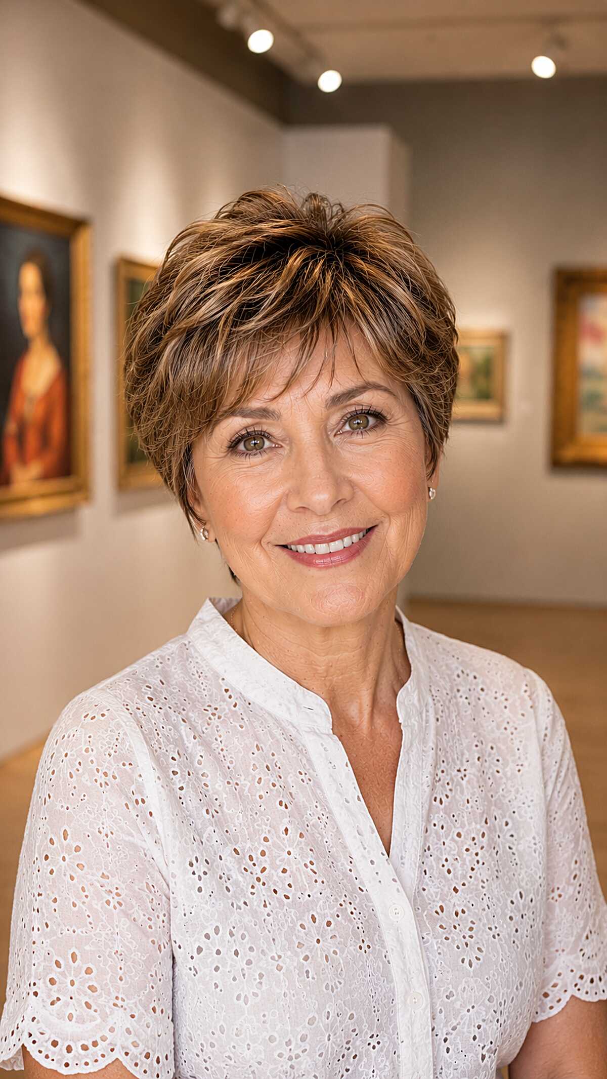 Short highlighted pixie with feathered layers at the crown