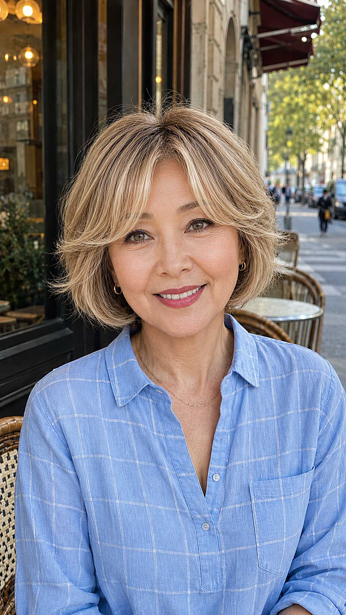 Honey blonde chin-length layered bob with flipped out fringe