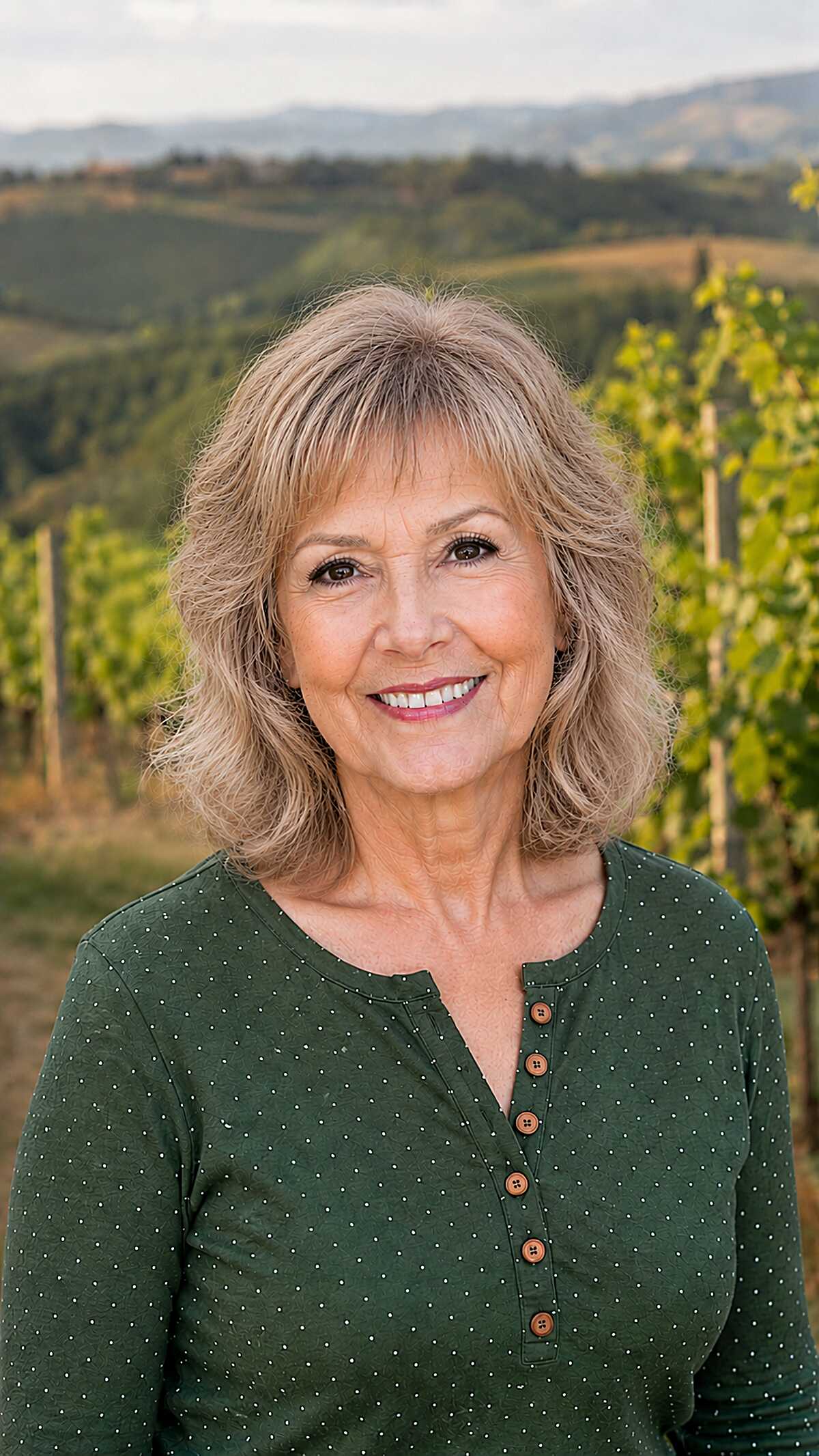 Honey blonde shoulder-length layers with soft curtain bangs