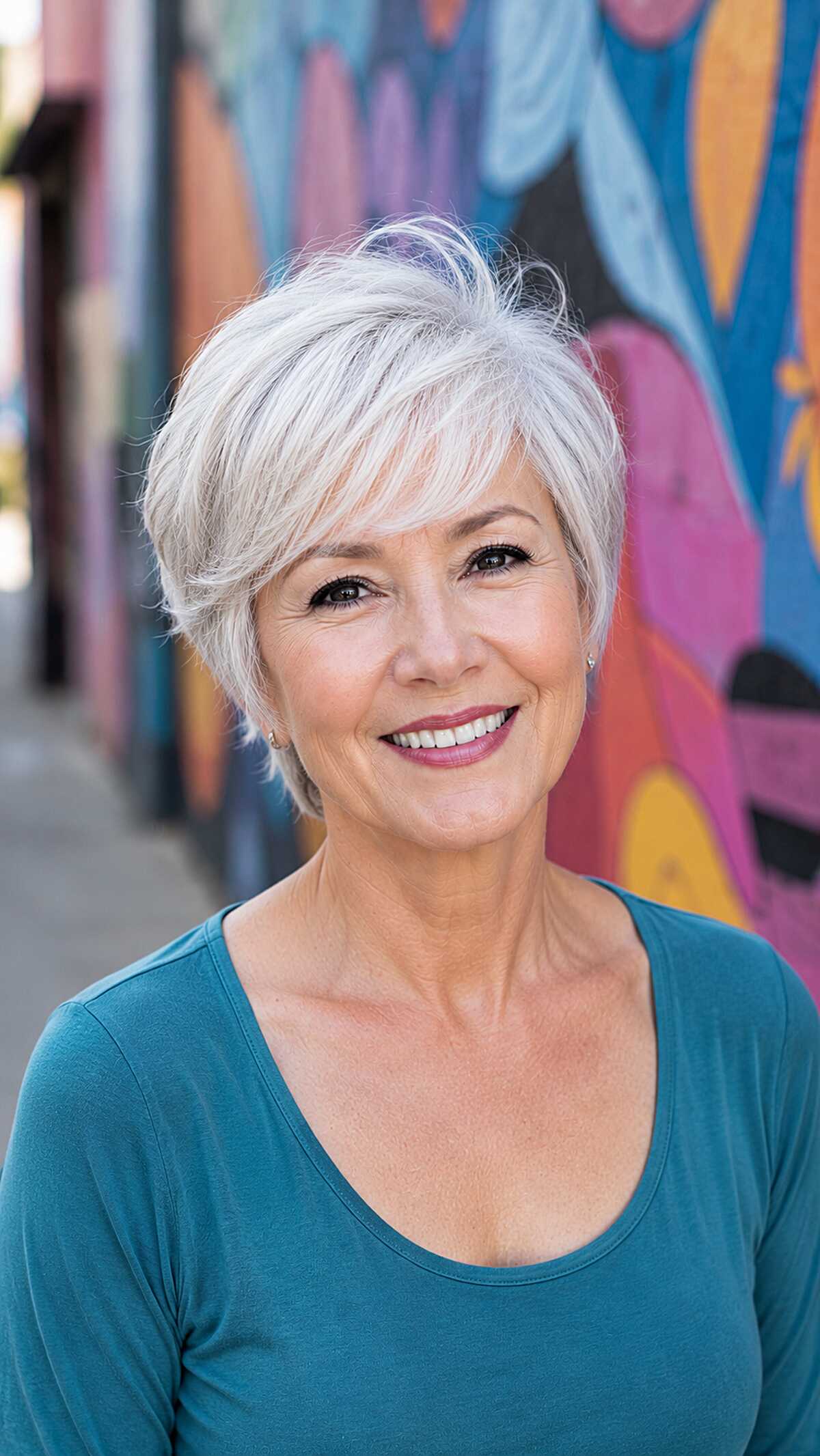 Icy silver pixie cut with long dramatic side-swept bangs
