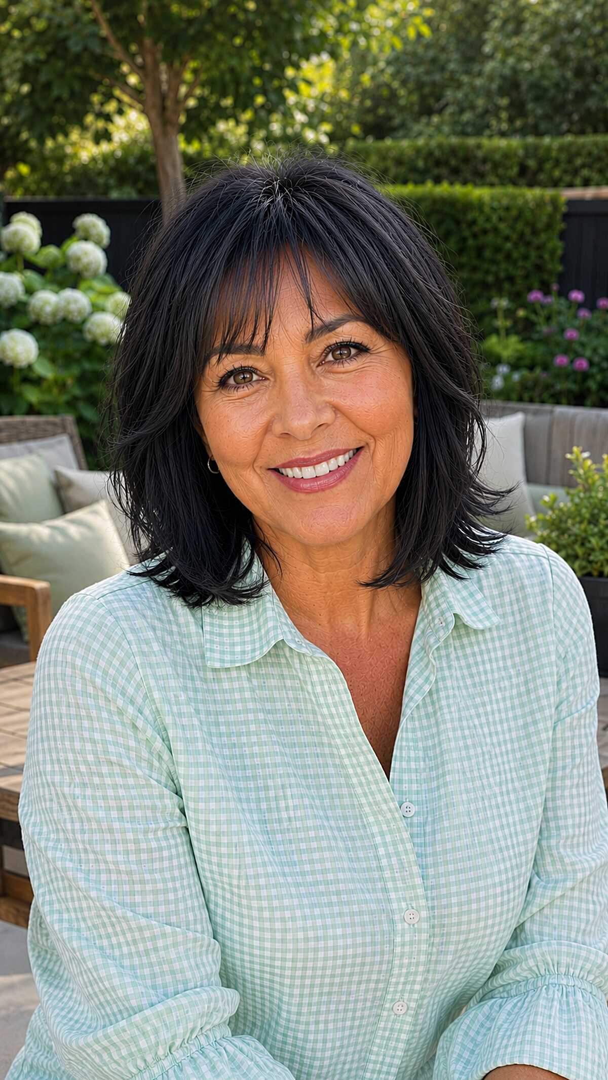 Jet black chin-length layered bob with wispy bangs