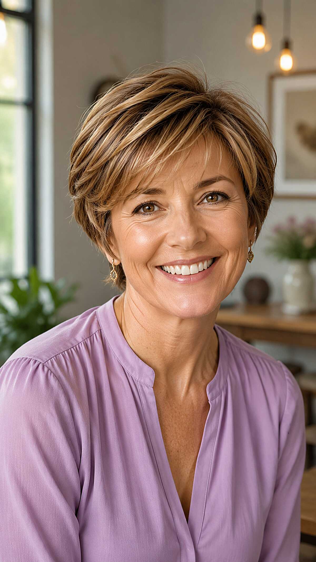 Light bronde bixie with swept fringe and layers