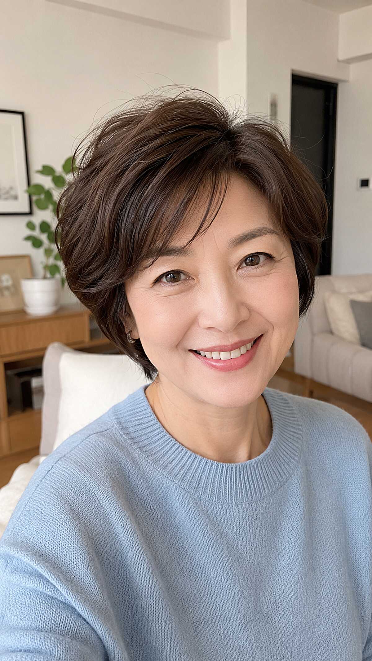 Natural brunette bixie with soft volume at crown