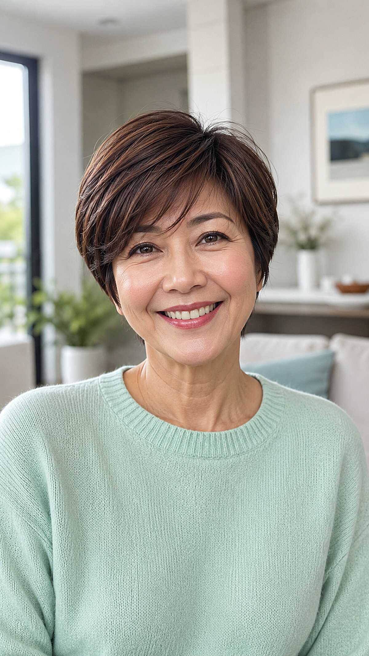 Polished short brunette bixie with subtle highlights