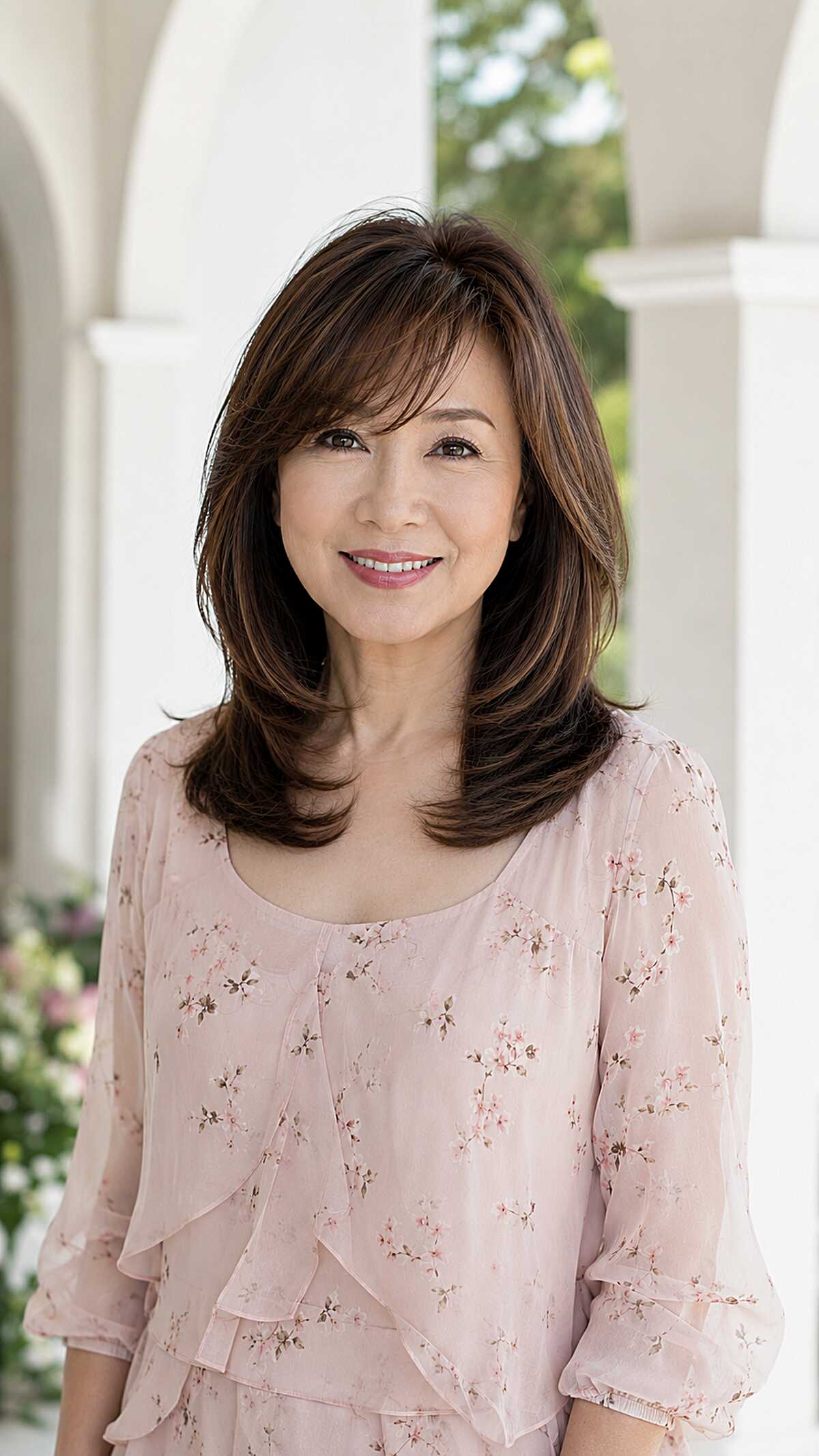 Polished brunette shoulder-length layers with blown-out bangs