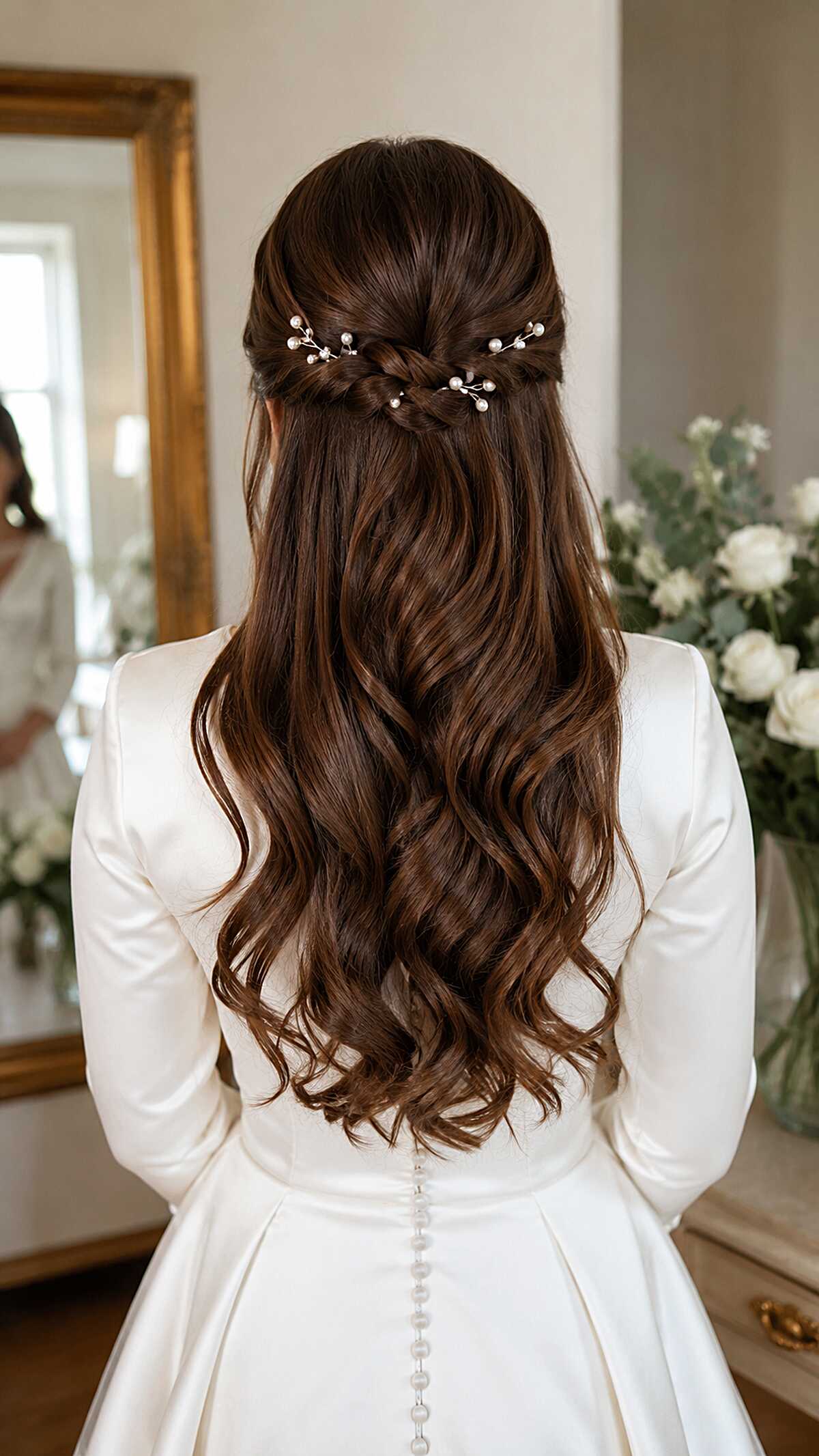 Polished Brunette Waves with Pearl-Dotted Braid Band