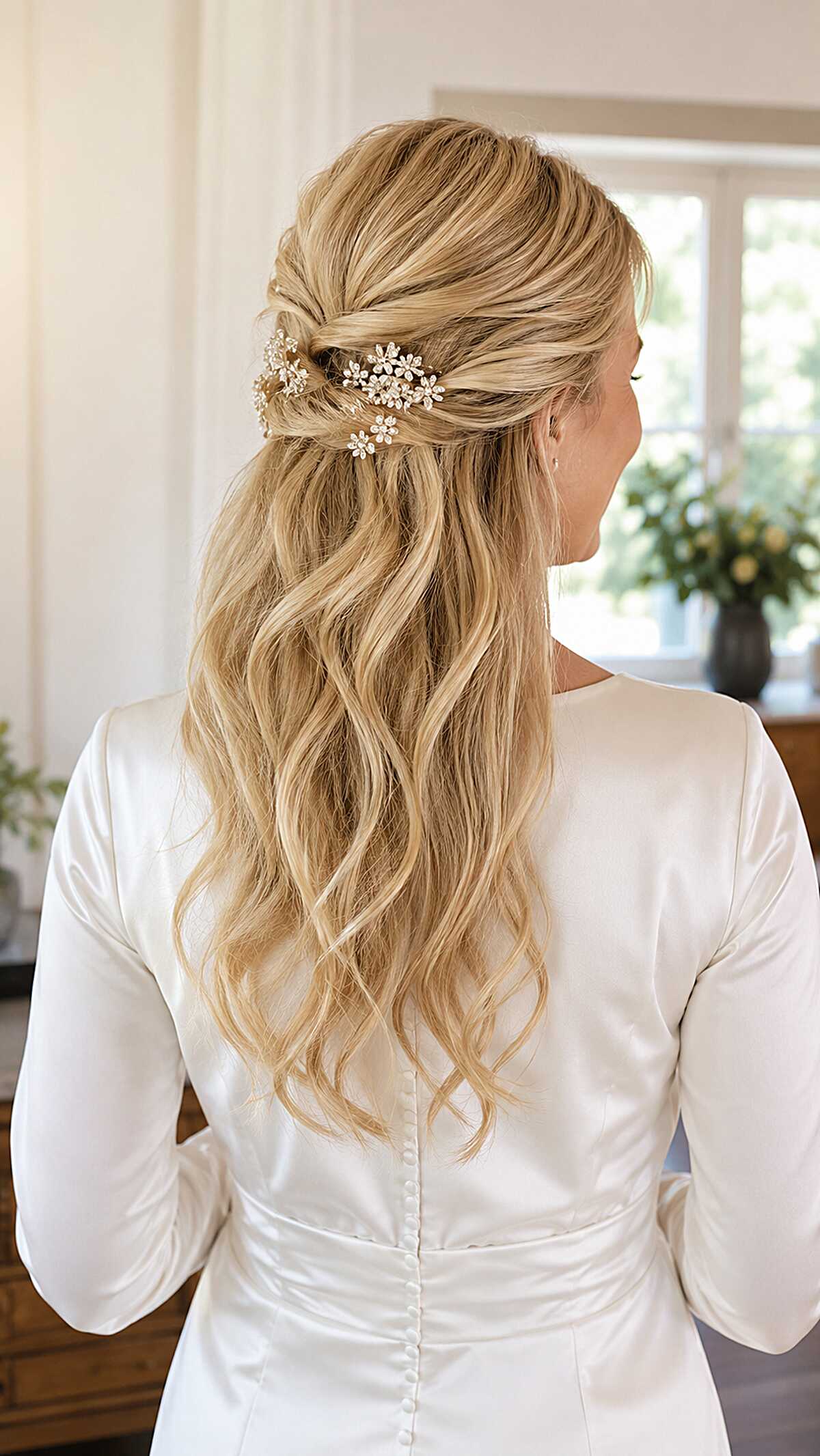 Relaxed Blonde Twist-Back with Dainty Floral Pins