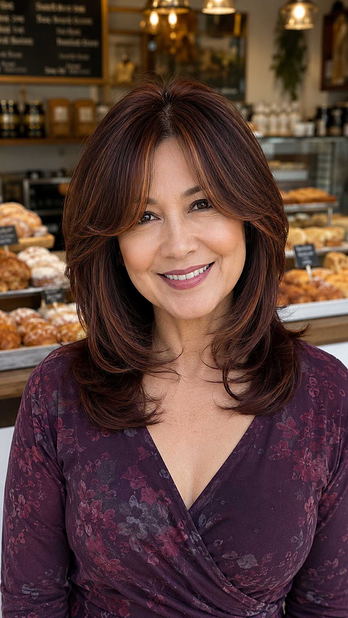 Long layered auburn hair with side-swept bangs and volume