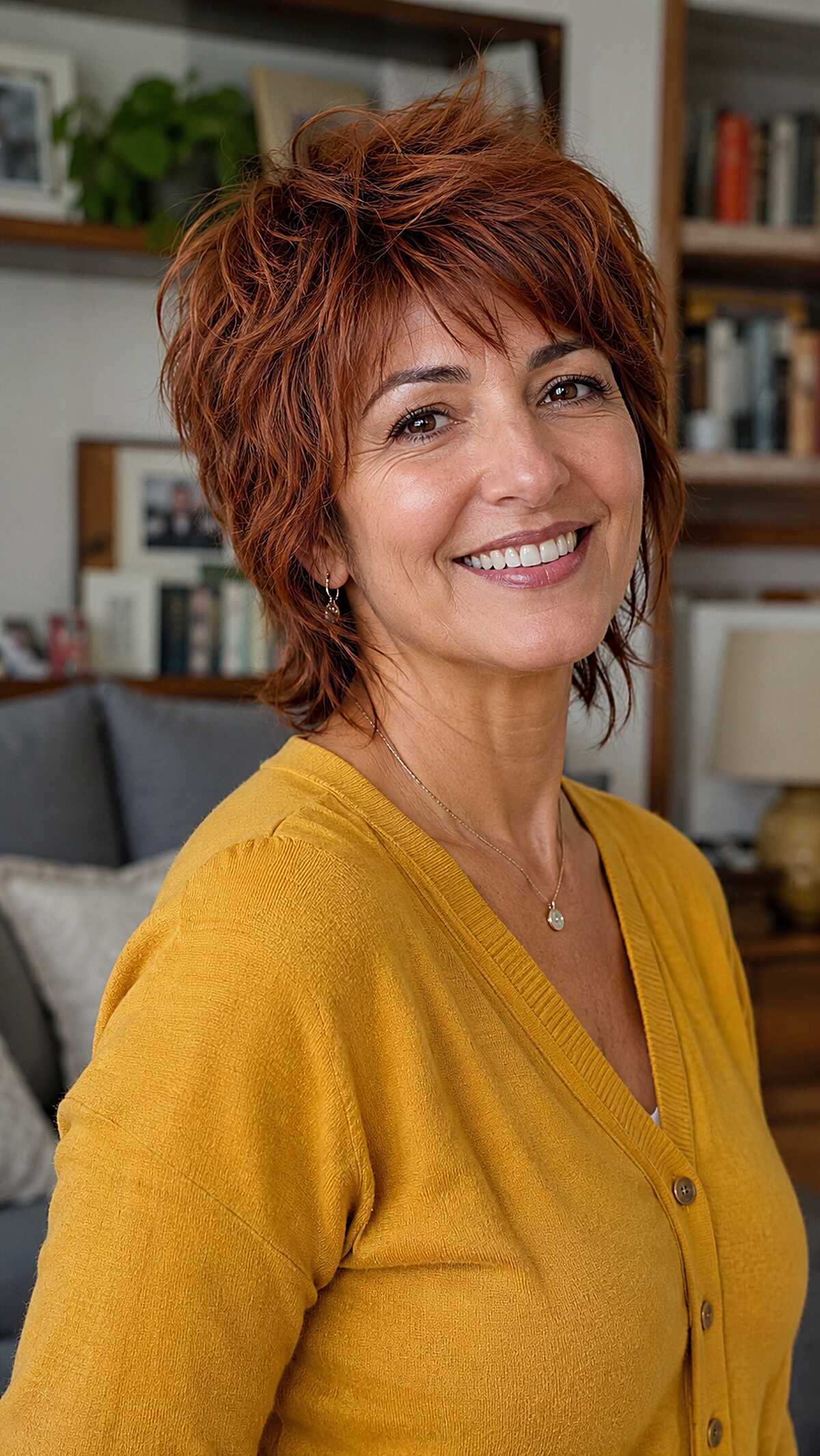 Rich auburn tousled mixie shag with choppy layers