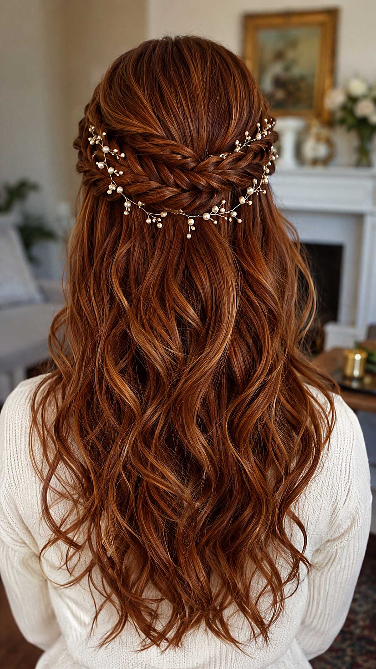 Rich Copper Fishtail Crown with Pearl Vine on Loose Waves