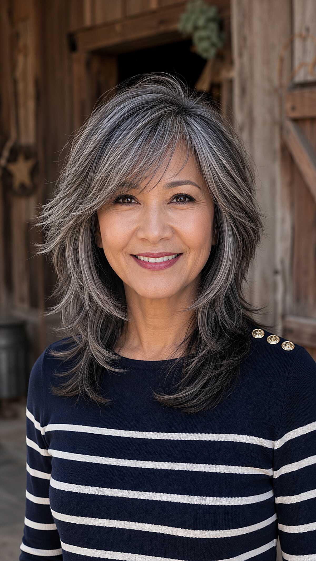 Salt and pepper medium shag with feathered layered bangs
