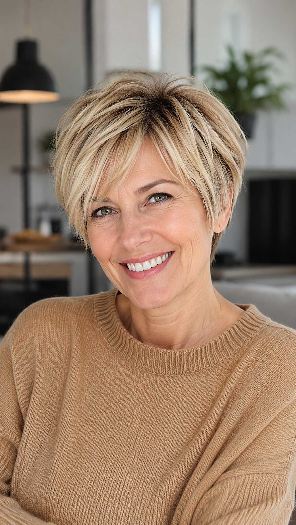 Sandy blonde bixie with textured layers at crown