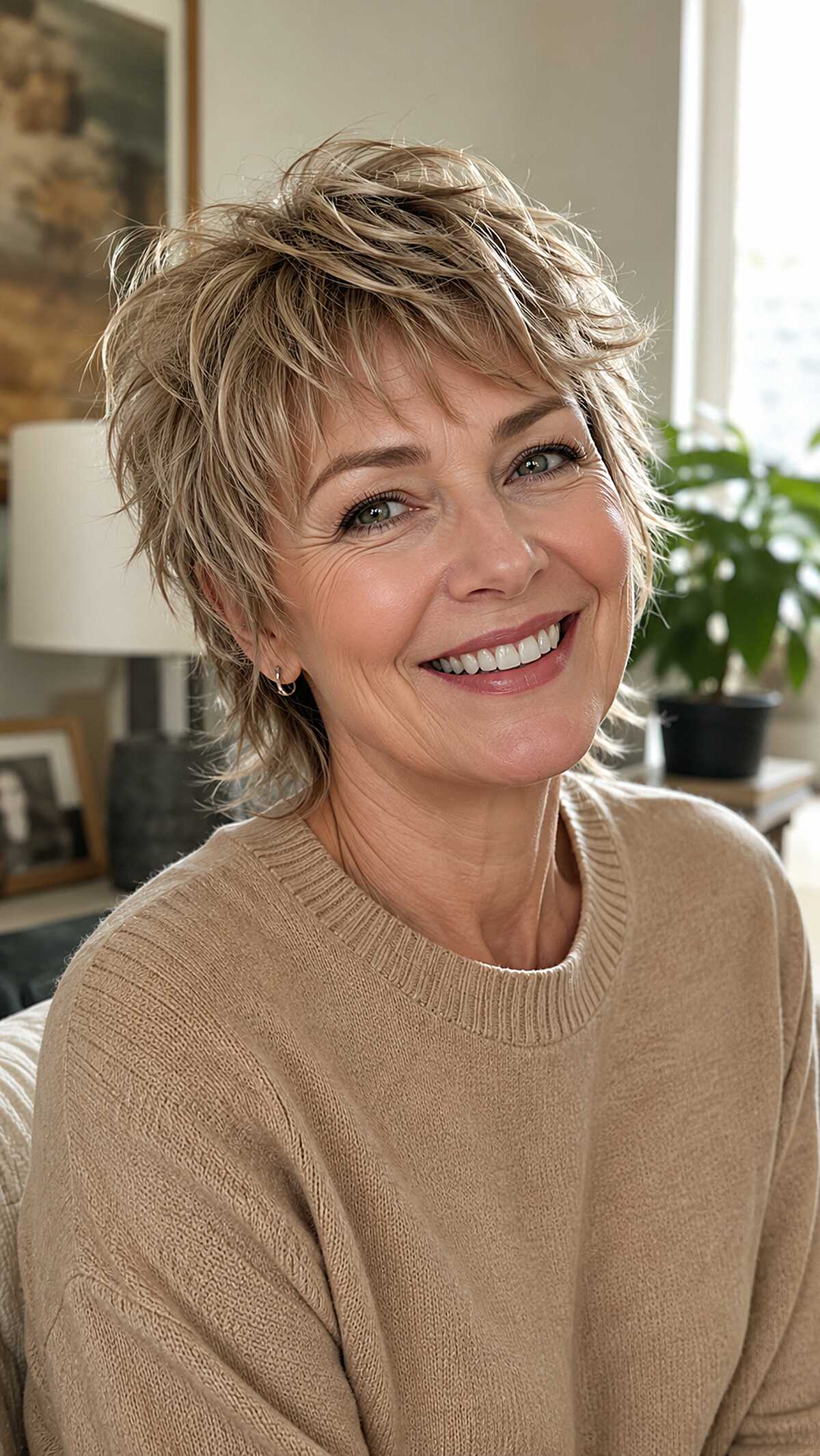 Sandy blonde tousled mixie shag with natural texture