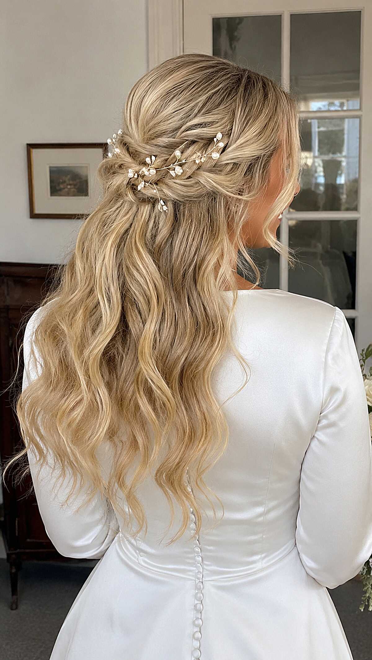 Sandy Blonde Twisted Crown with Pearl Sprigs and Undone Waves
